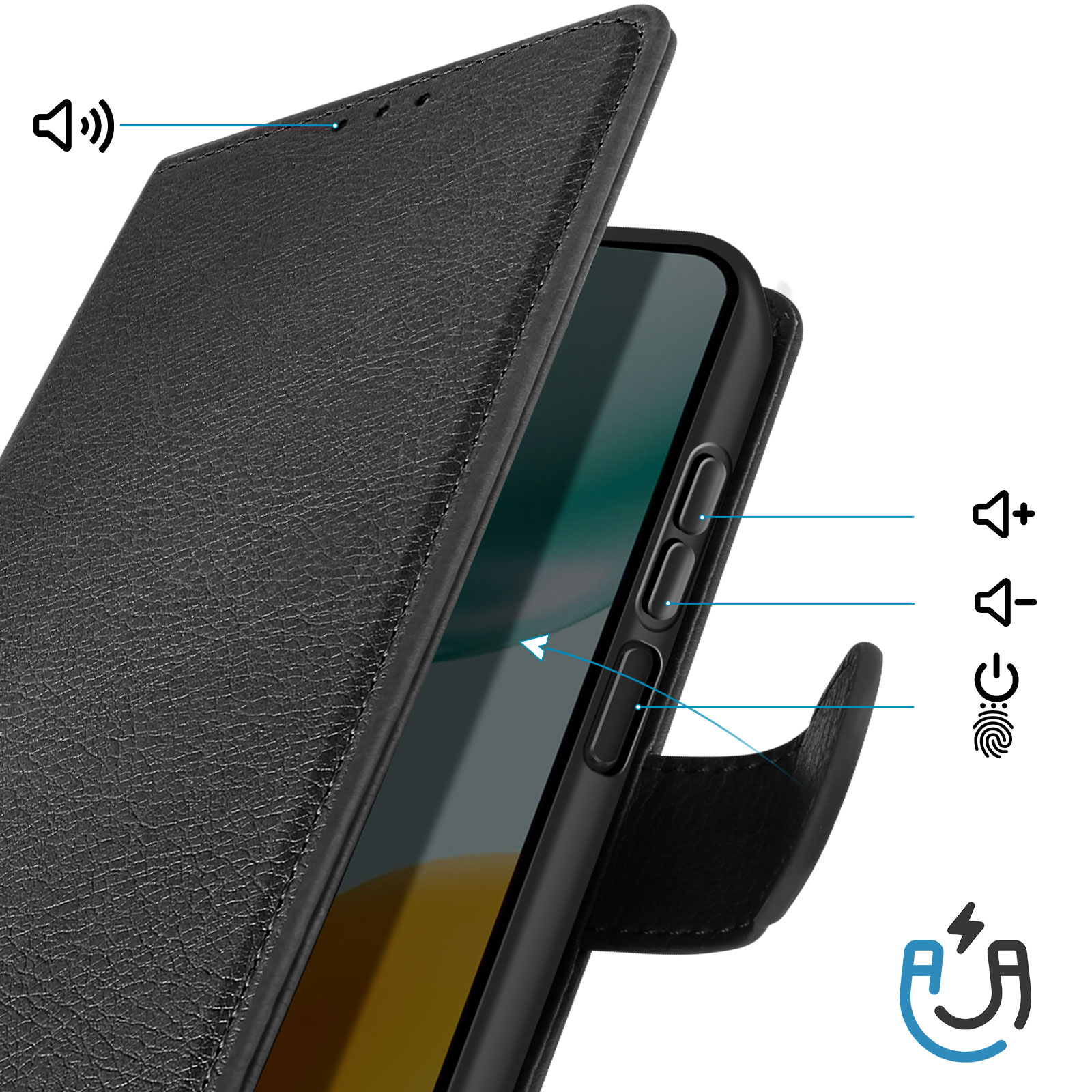 Custodia nera per telefono con tasti volume, accensione e sensore impronte.