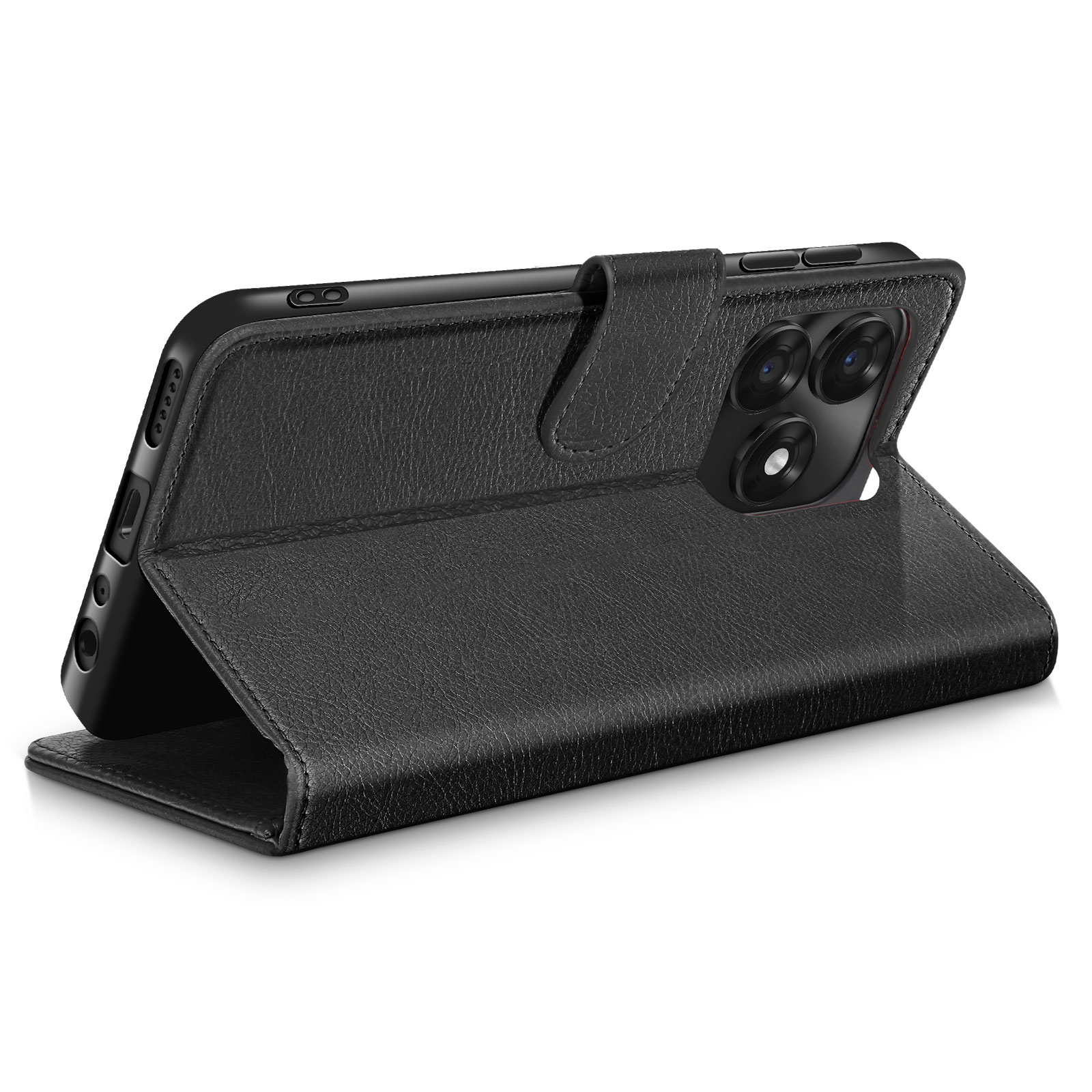 Custodia nera aperta per telefono con modulo fotocamera e pulsanti.