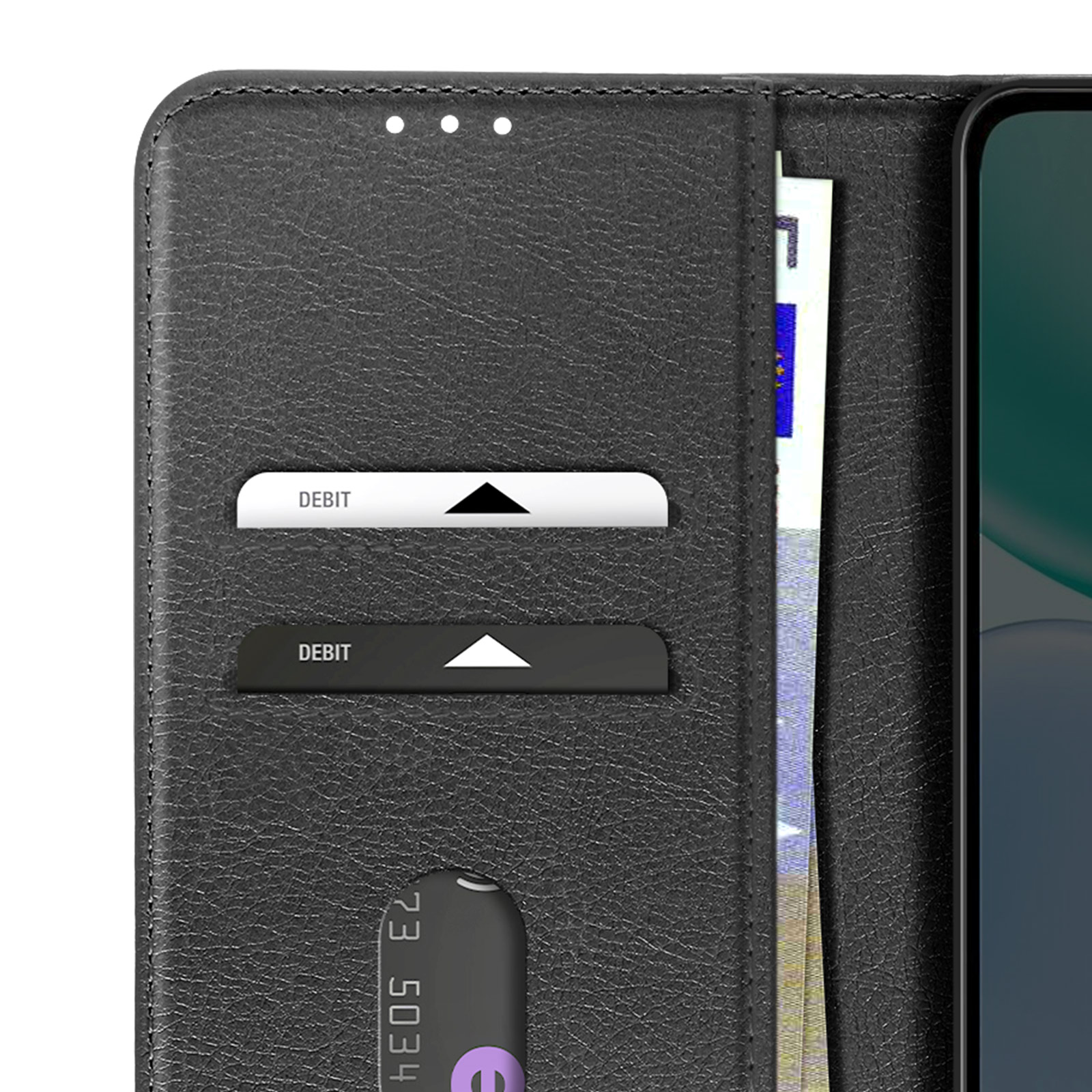 Custodia nera per telefono con scomparti per carte, banconote e telefono.