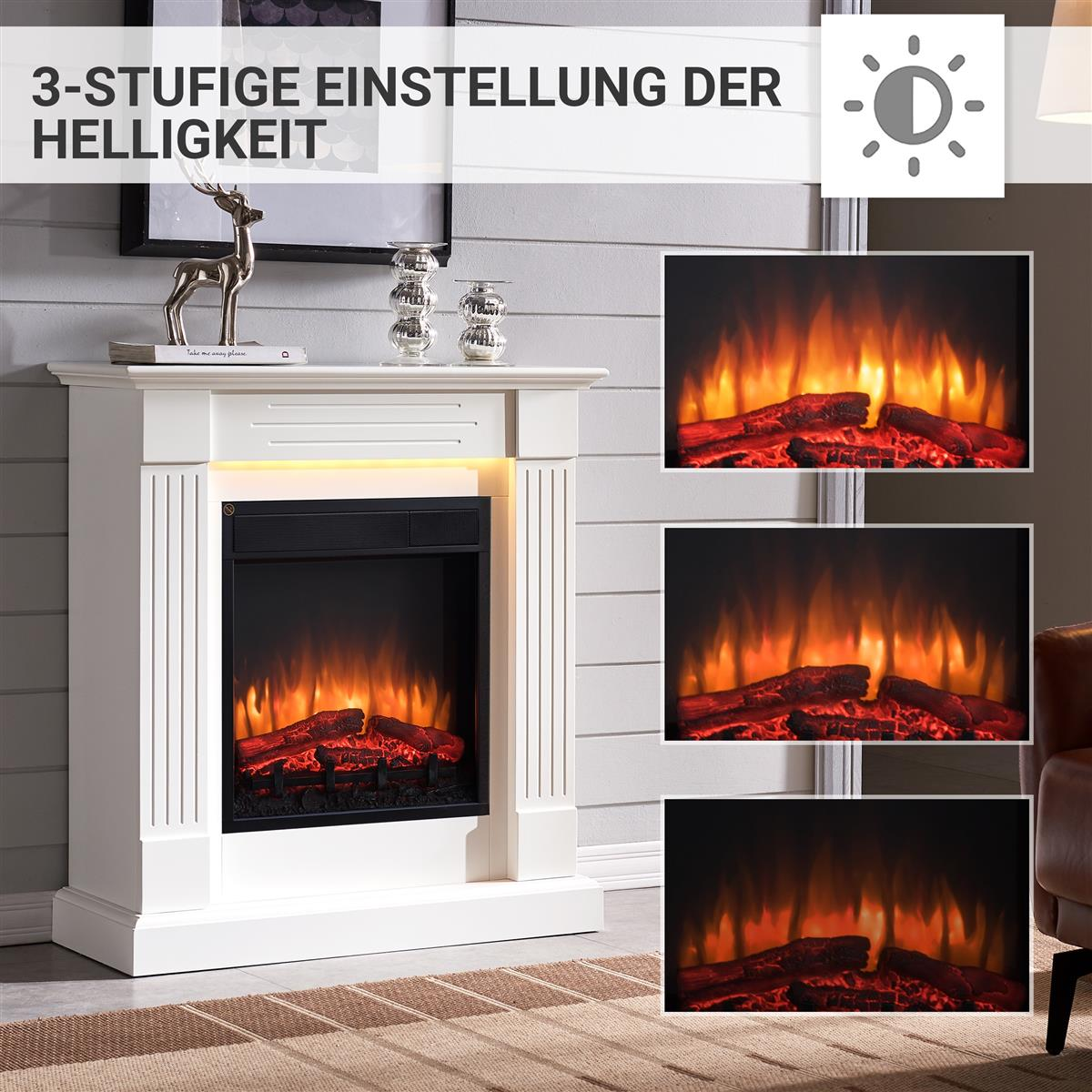 Ein weißer Kamin mit realistischer Flammenanzeige und Helligkeitsstufen.