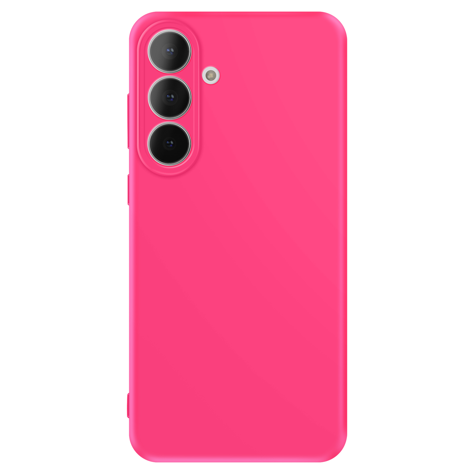 Een felroze telefoon met drie cameralenzen en flitser.