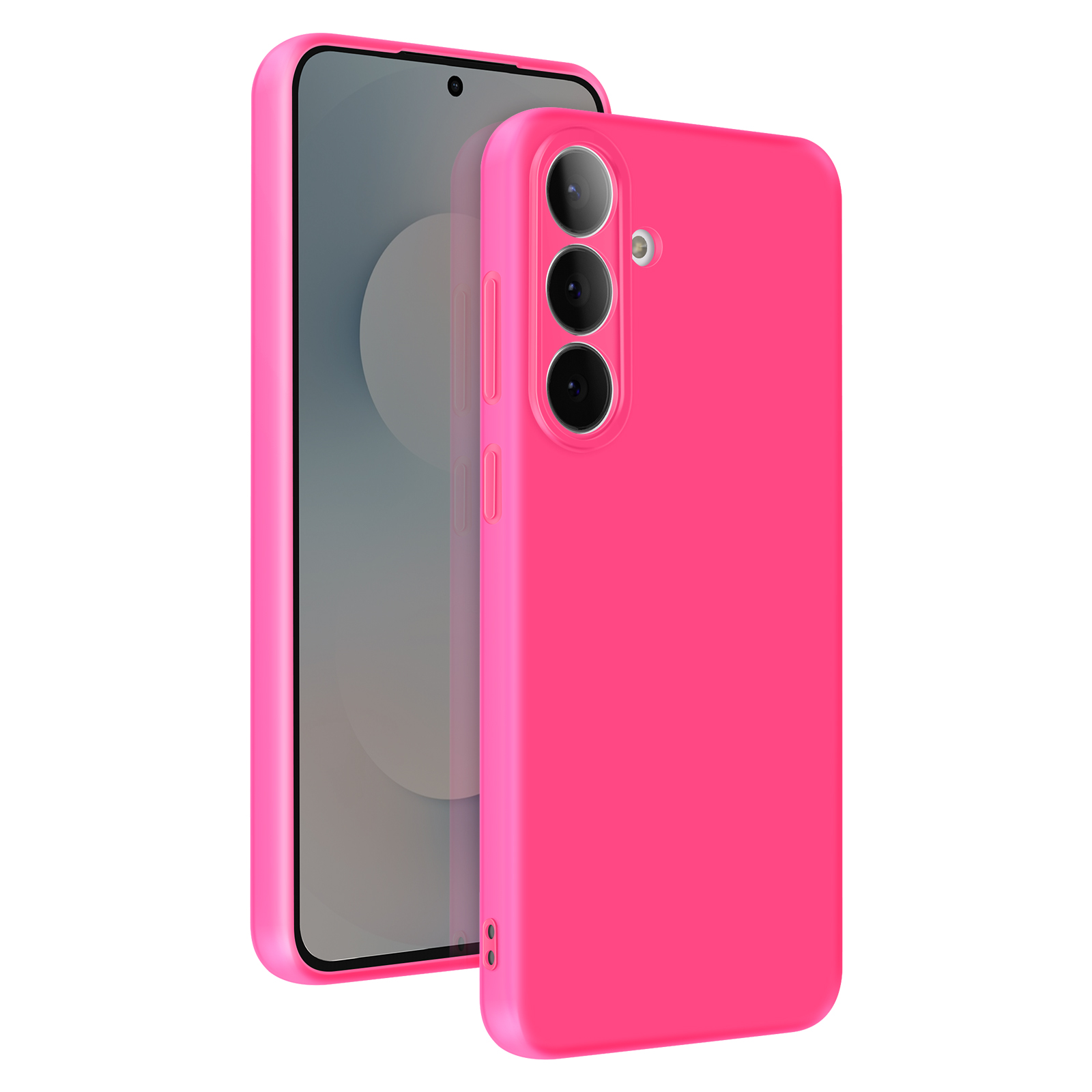 Een roze telefoonhoesje bedekt een smartphone, met zichtbare cameralenzen.