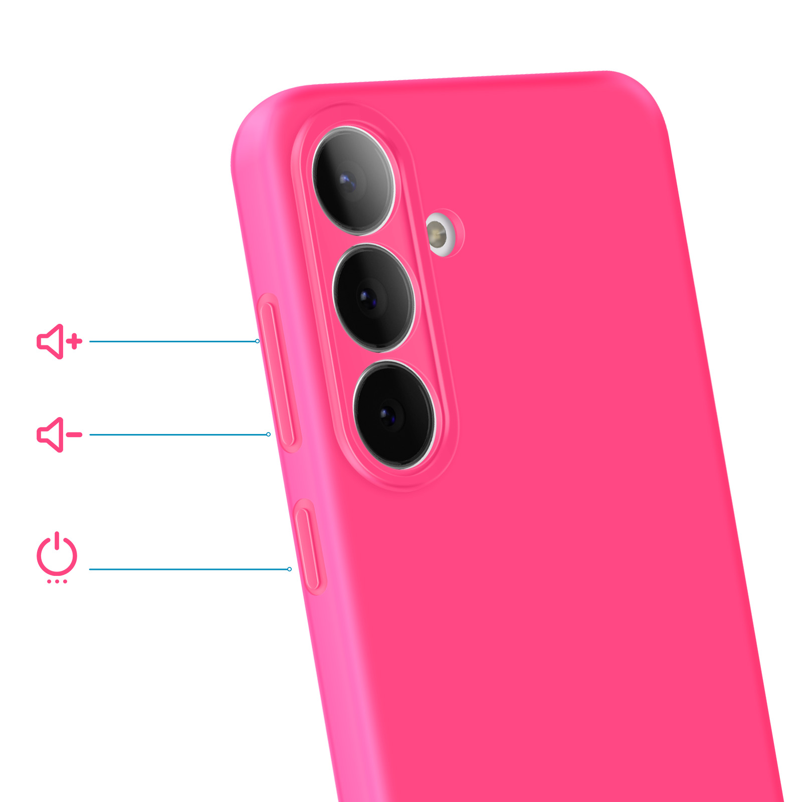 Achterkant van een felroze telefoonhoes met drie cameralenzen, volume- en aan/uit-knoppen.