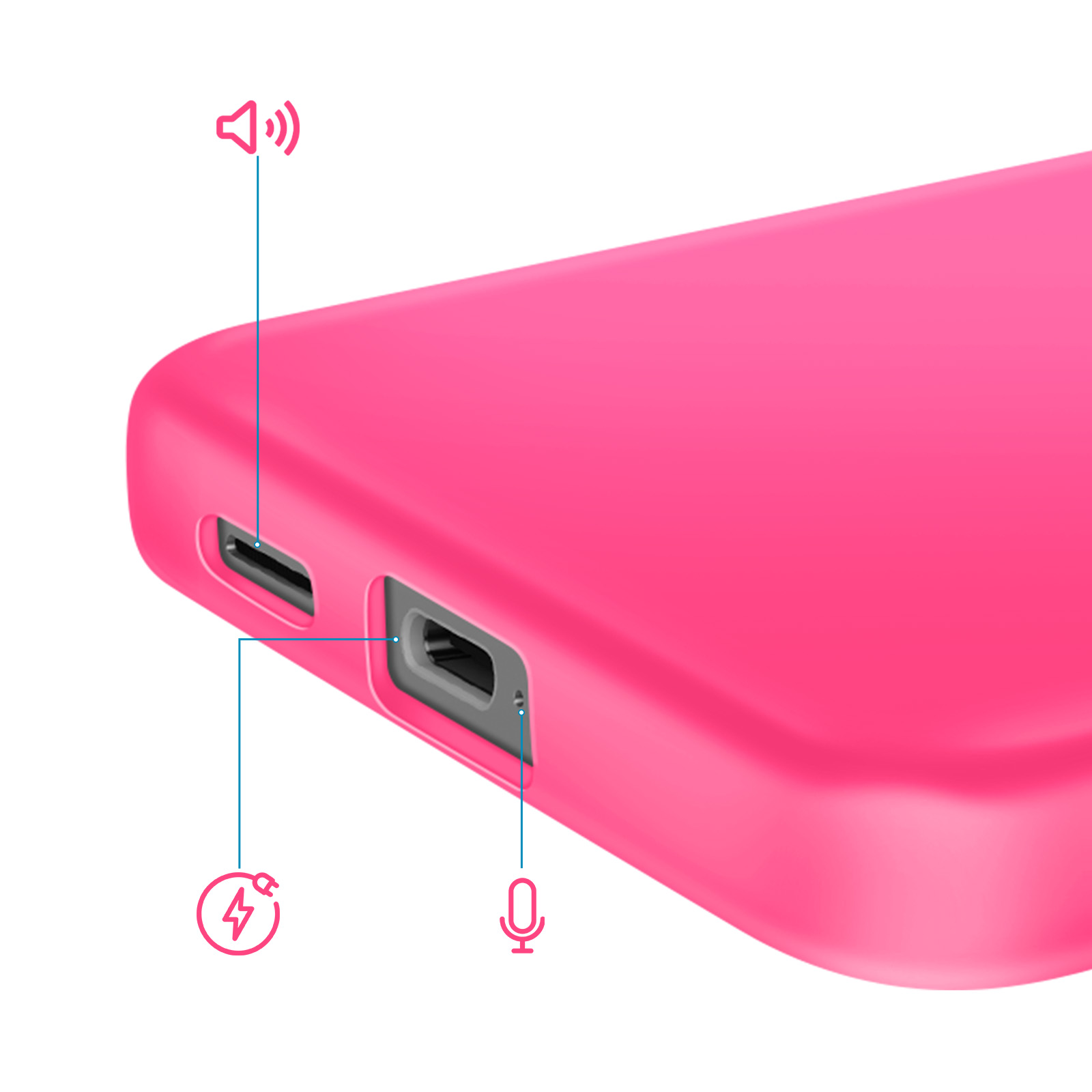 Een roze telefoonhoesje met poorten voor opladen, microfoon en luidspreker met iconen.