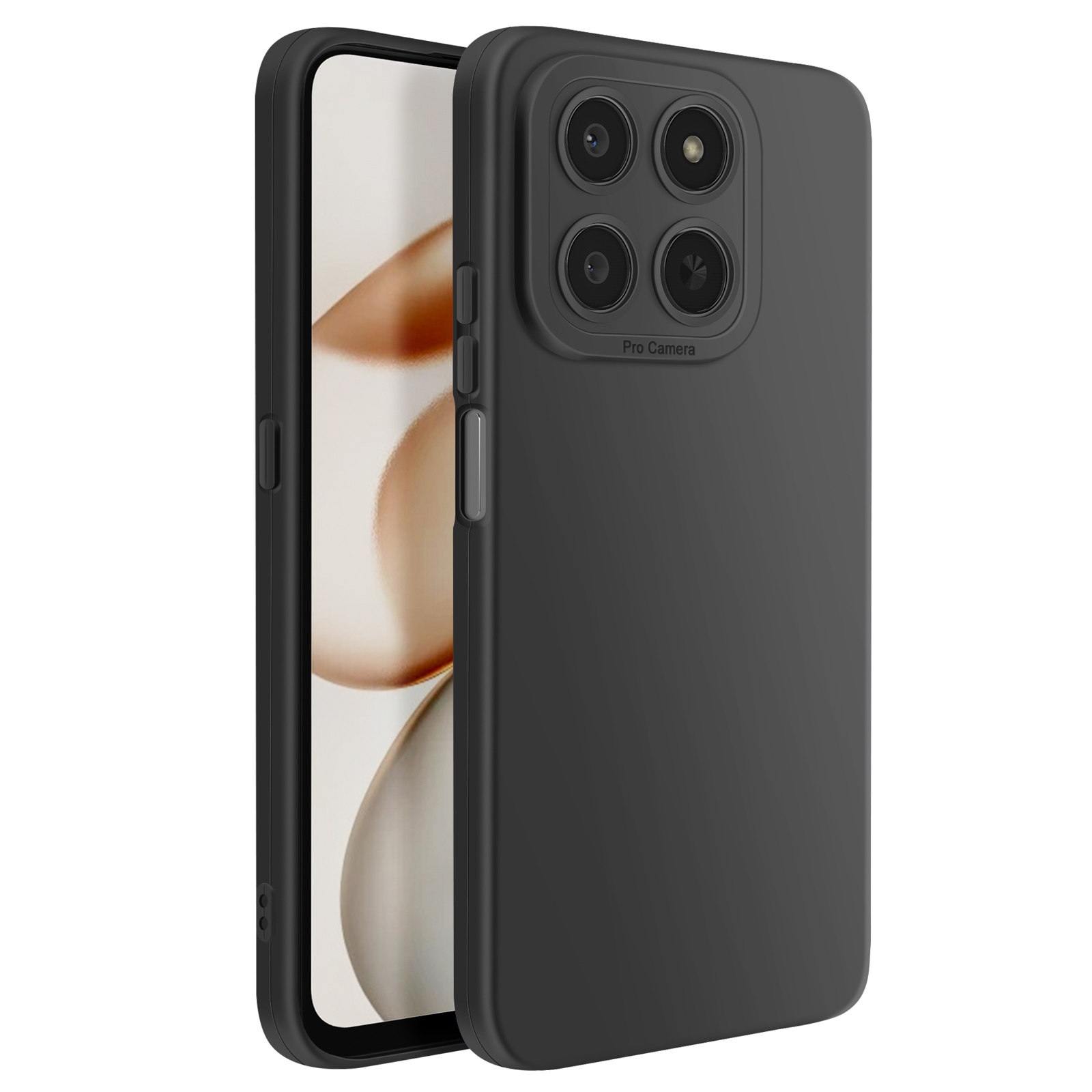 Zwarte telefoon met vier camera's aan de achterkant op witte achtergrond.