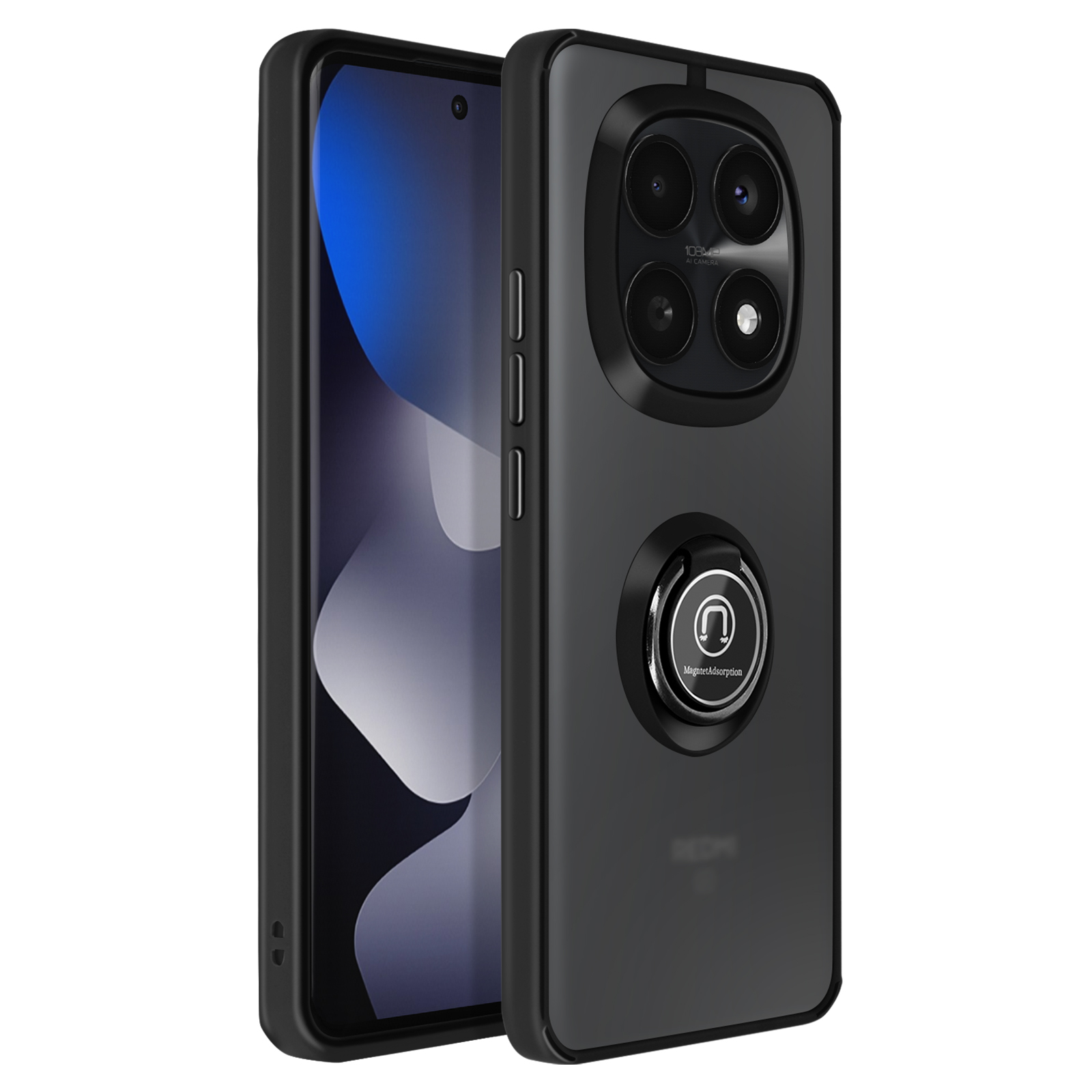 Smartphone nero con fotocamera quadrupla e anello di supporto sul retro.