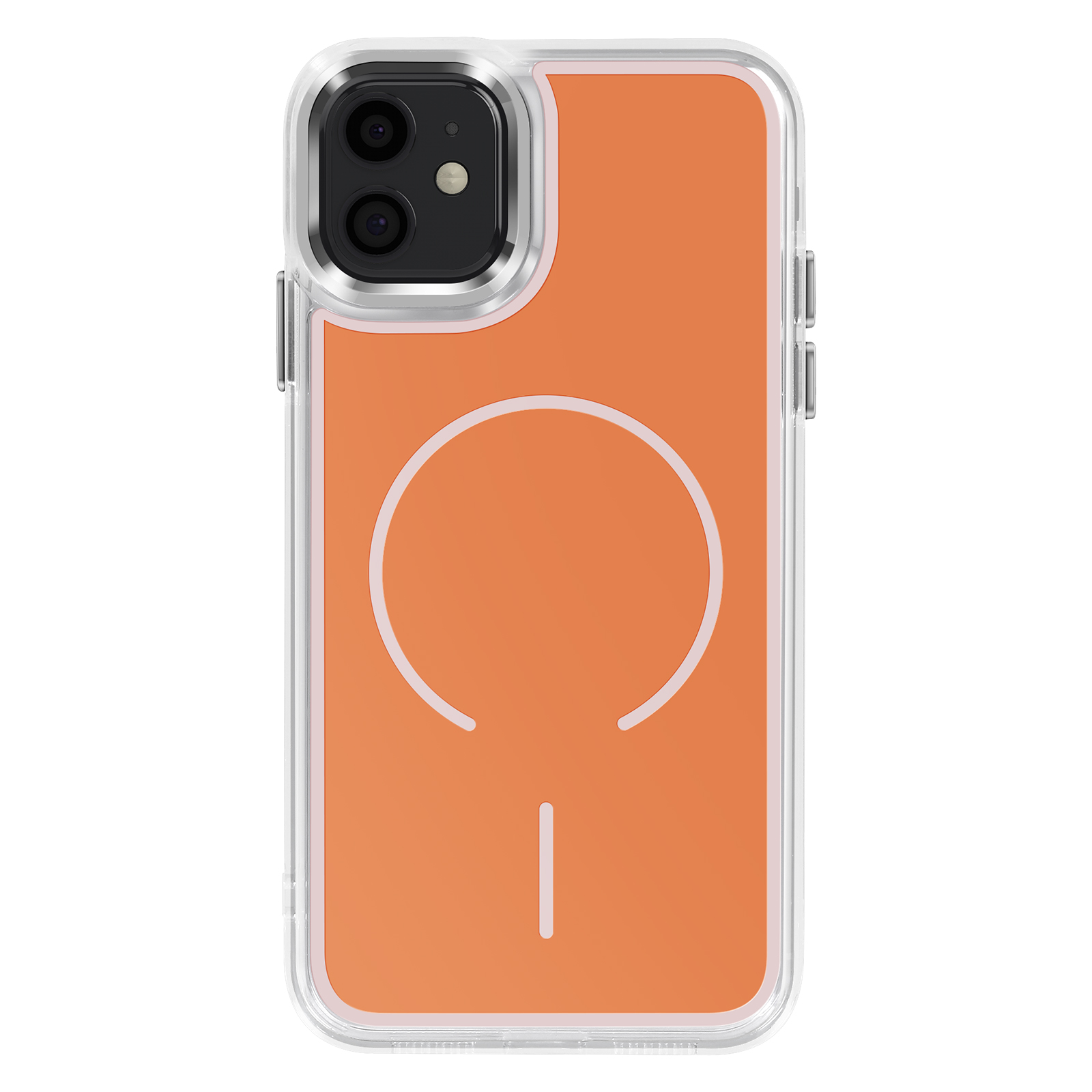 Een doorzichtige iPhone case met oranje achterkant en witte MagSafe cirkel.