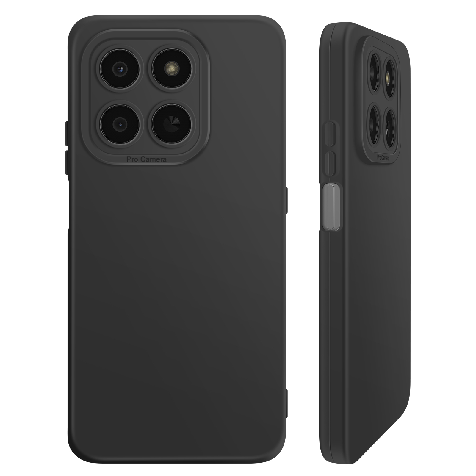 Zwart telefoonhoesje met vier cameralenzen en verhoogde rand.