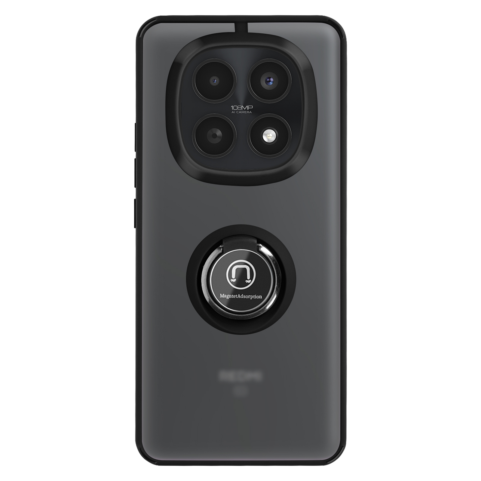 Telefono grigio scuro con quattro fotocamere, anello porta-dita e scritta 108MP.