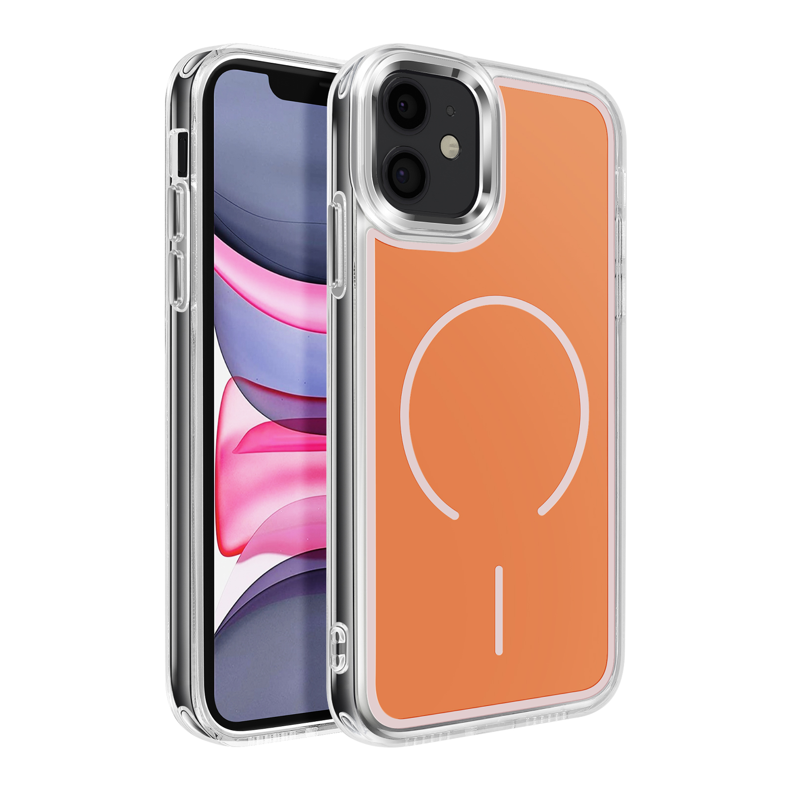 Transparante iPhone hoes met oranje achterkant en magische cirkel.