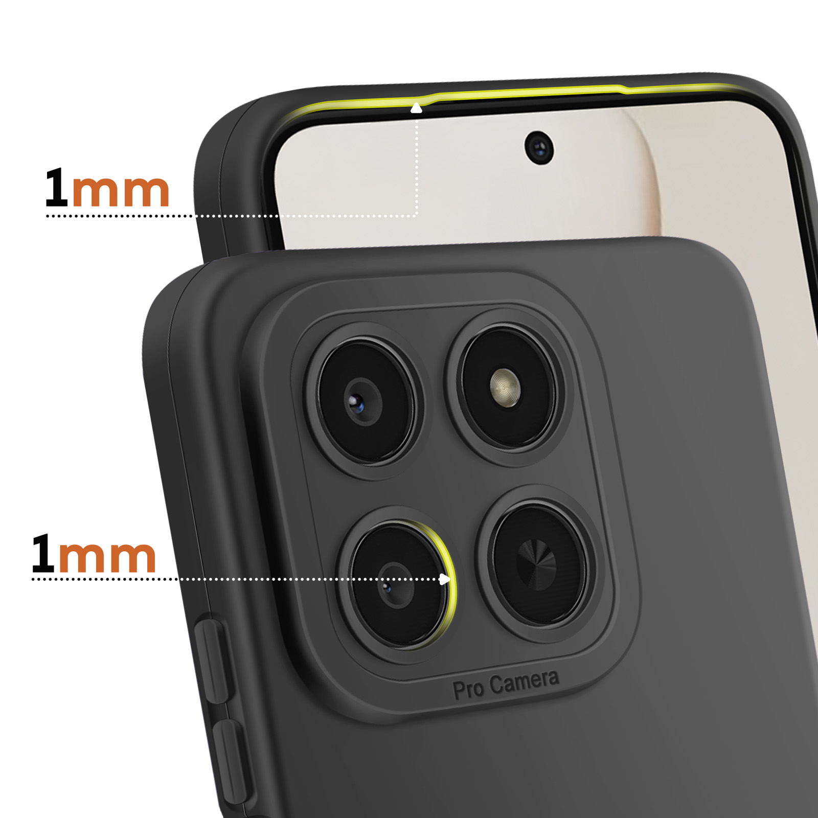 Zwarte telefoonhoes met 1 mm verhoogde rand en vier cameralenzen.