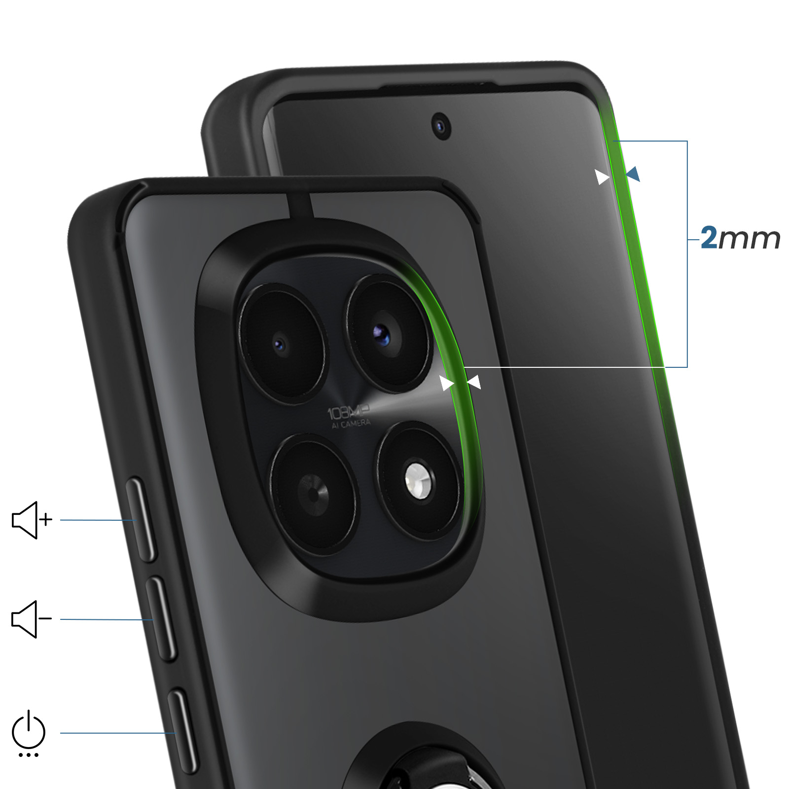 Smartphone nero con fotocamera quadrupla, pulsanti volume e bordo da 2mm.