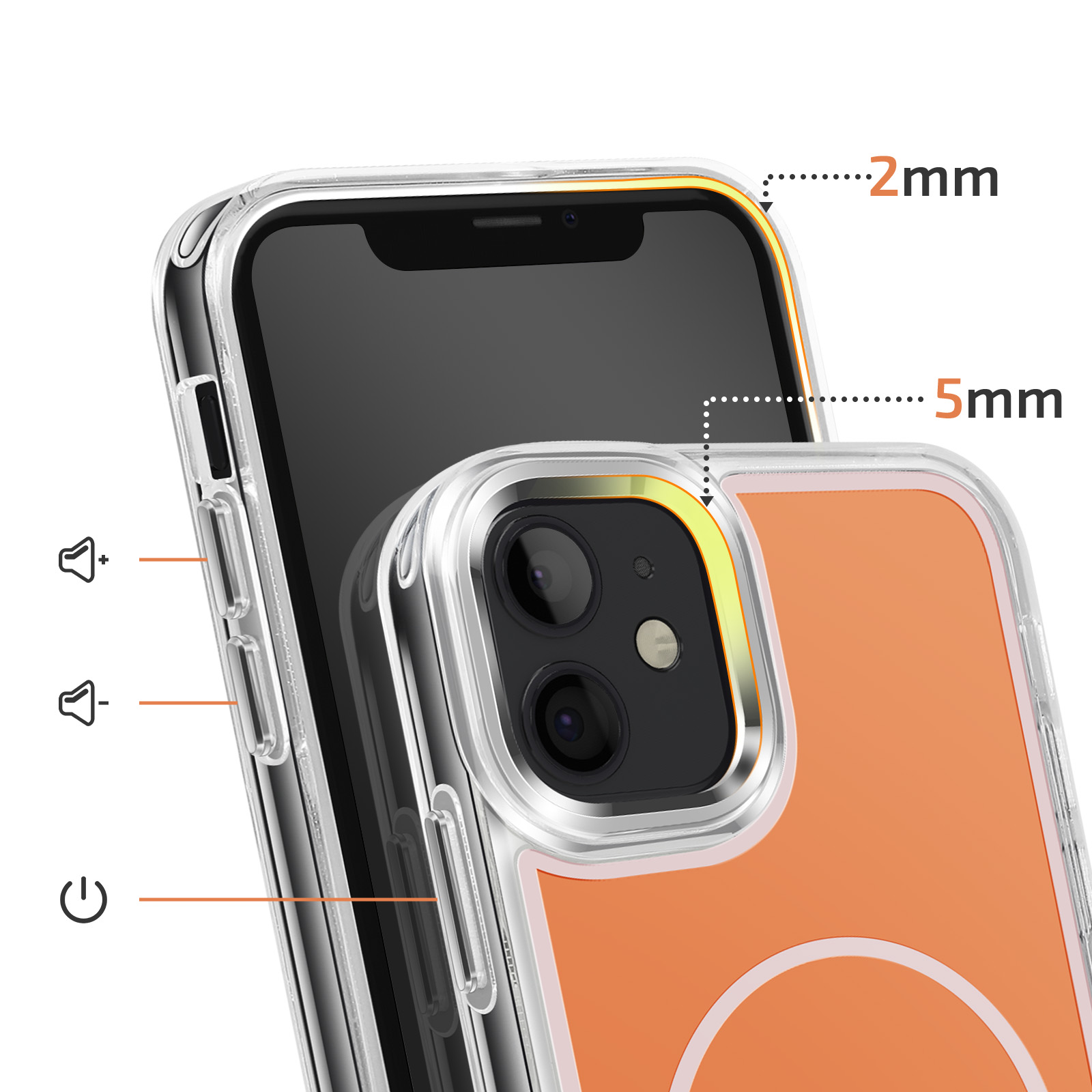 Een doorzichtige telefoonhoes met oranje accent toont metingen van 2mm en 5mm.