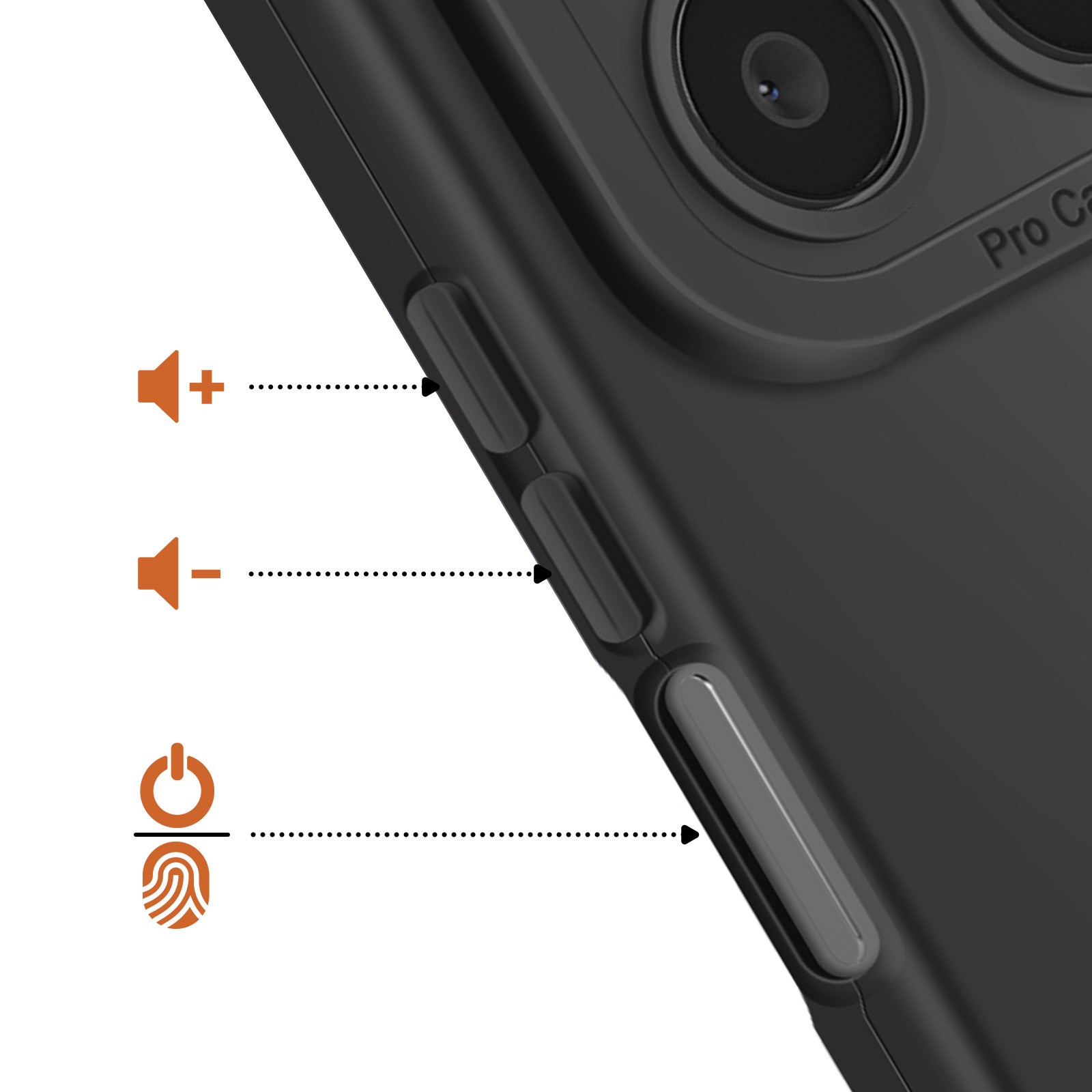 Een zwarte telefoonhoes met volume- en vingerafdruksymbolen en knoppen.