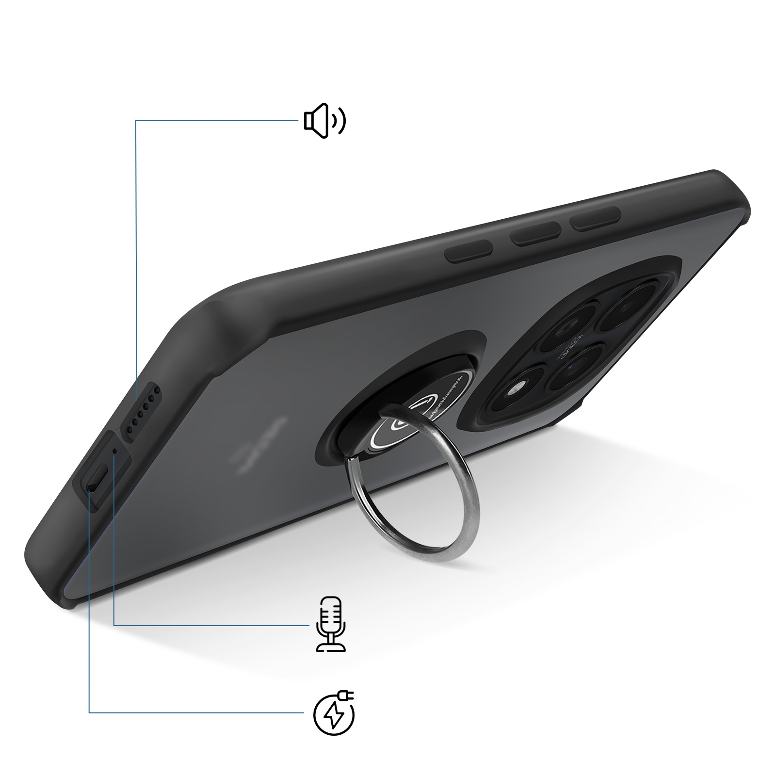 Telefono nero con anello porta-dita, icone speaker, microfono e carica.