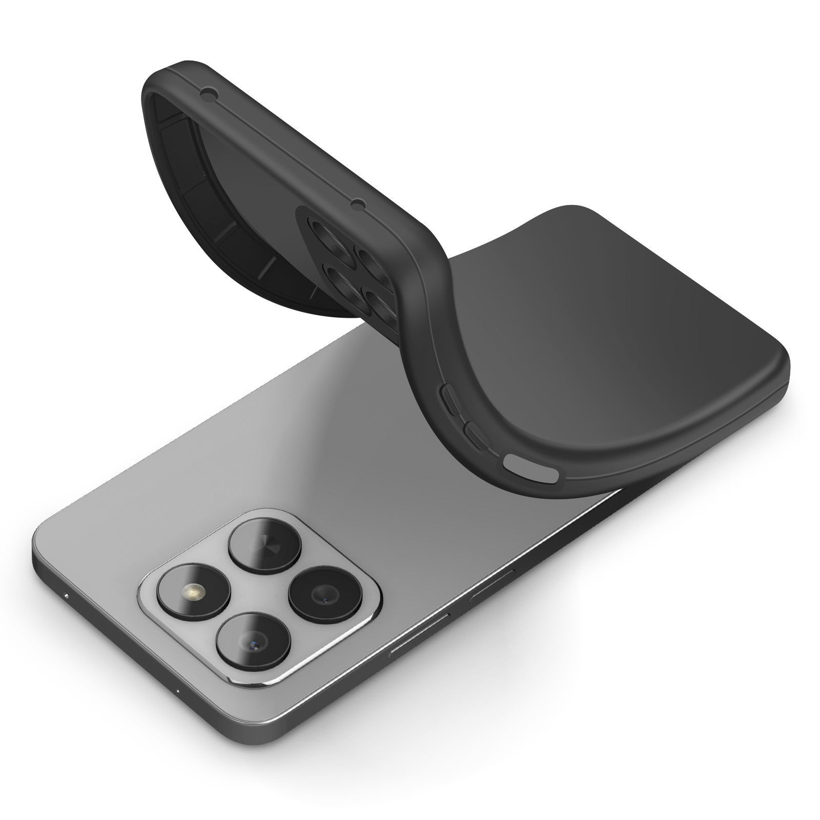 Een zwarte telefoonhoes buigt over een zilveren smartphone met vier camera's.