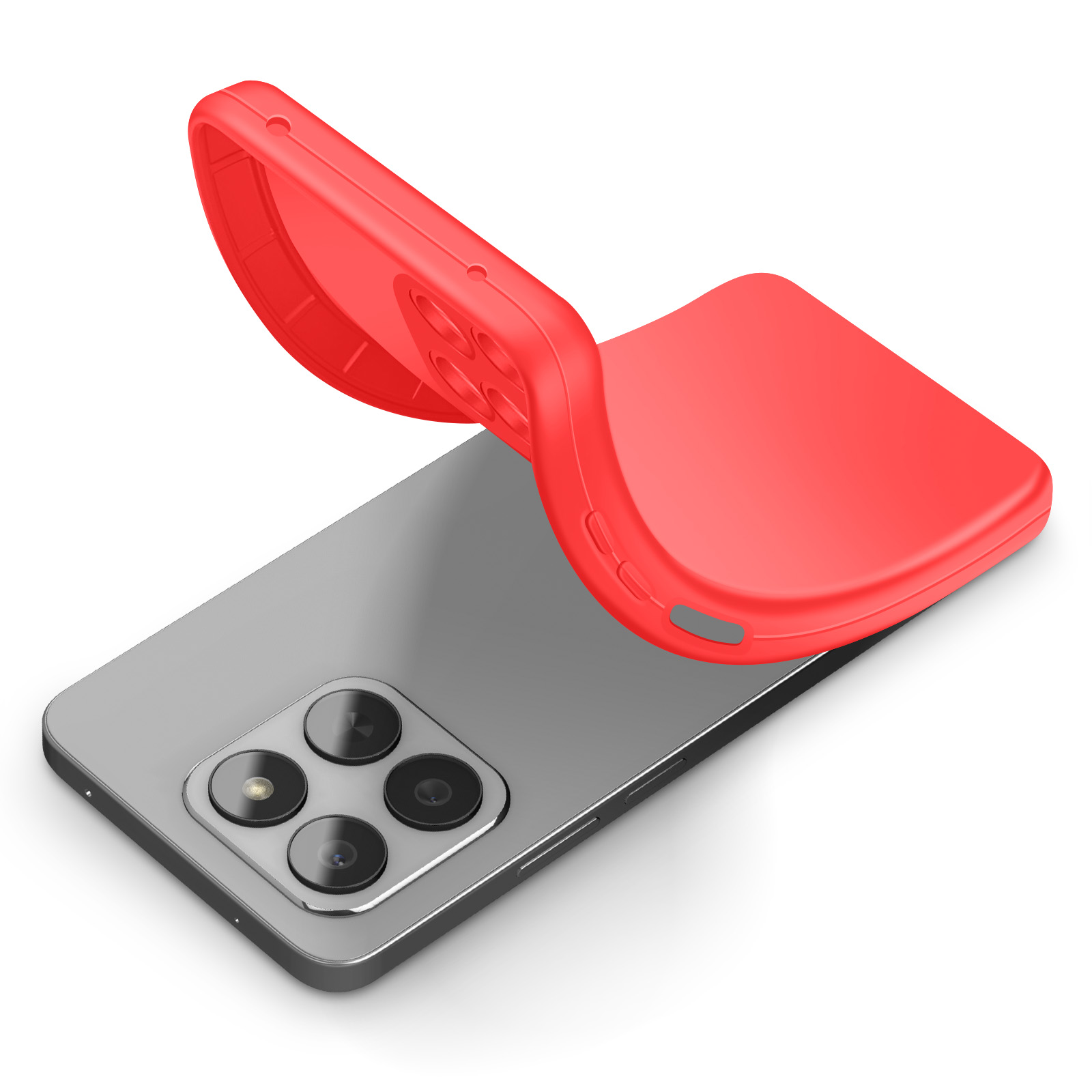 Rode telefoonhoes wordt over een grijze smartphone met vier camera's geplaatst.