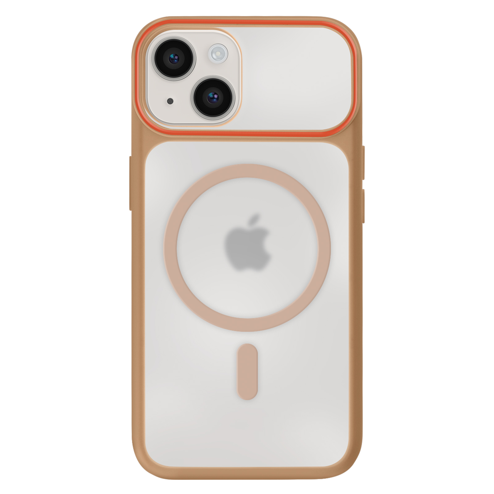 Een goudbruine iPhone hoes met doorzichtige achterkant en cameraprotector.