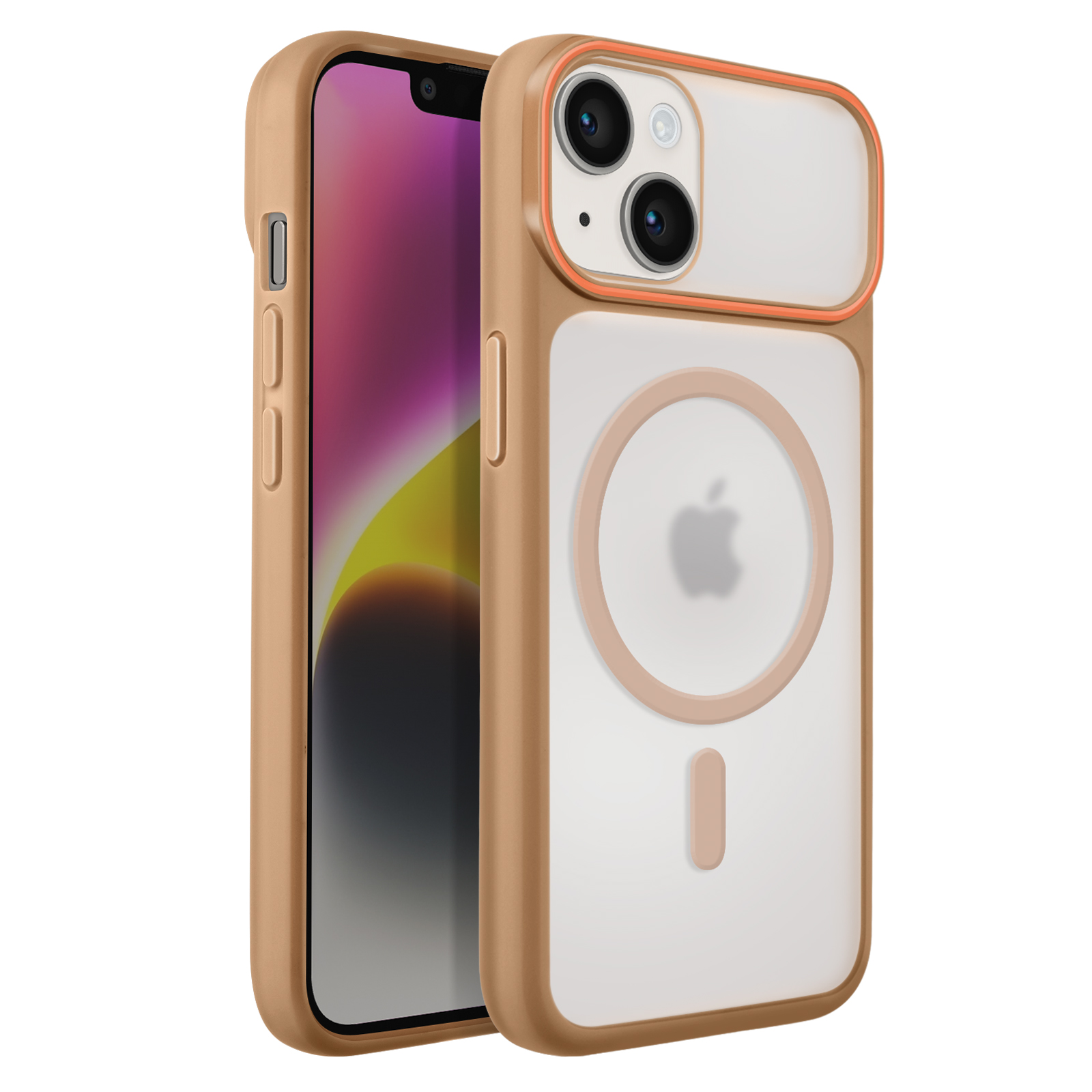 Een bruin iPhone hoesje met een doorzichtige achterkant en MagSafe ring.