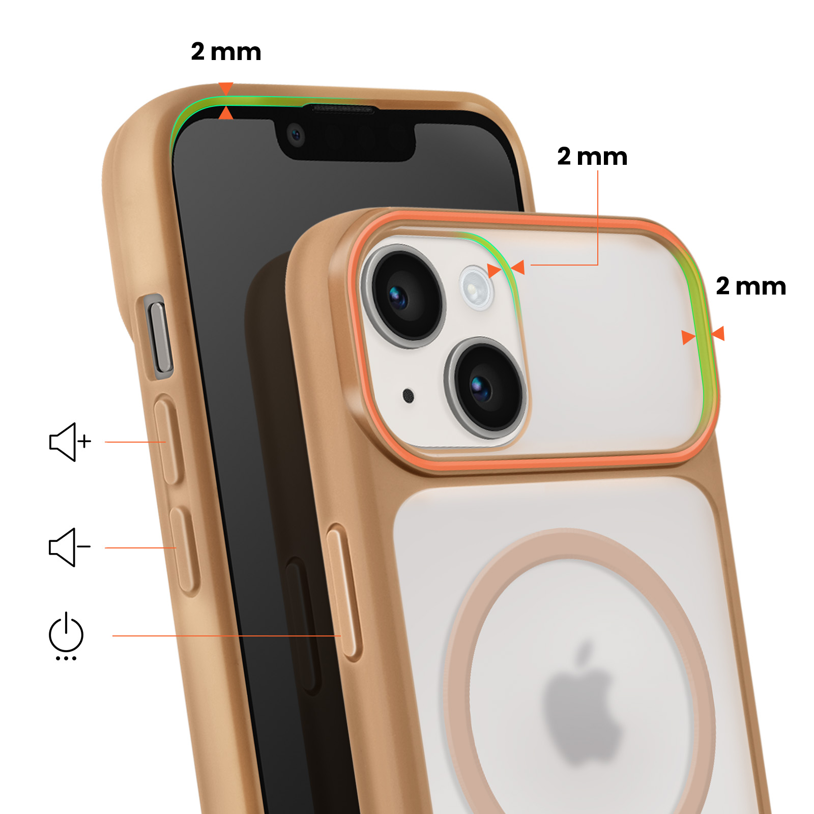 Een gouden telefoonhoes met 2 mm verhoogde randen en camerabezel.