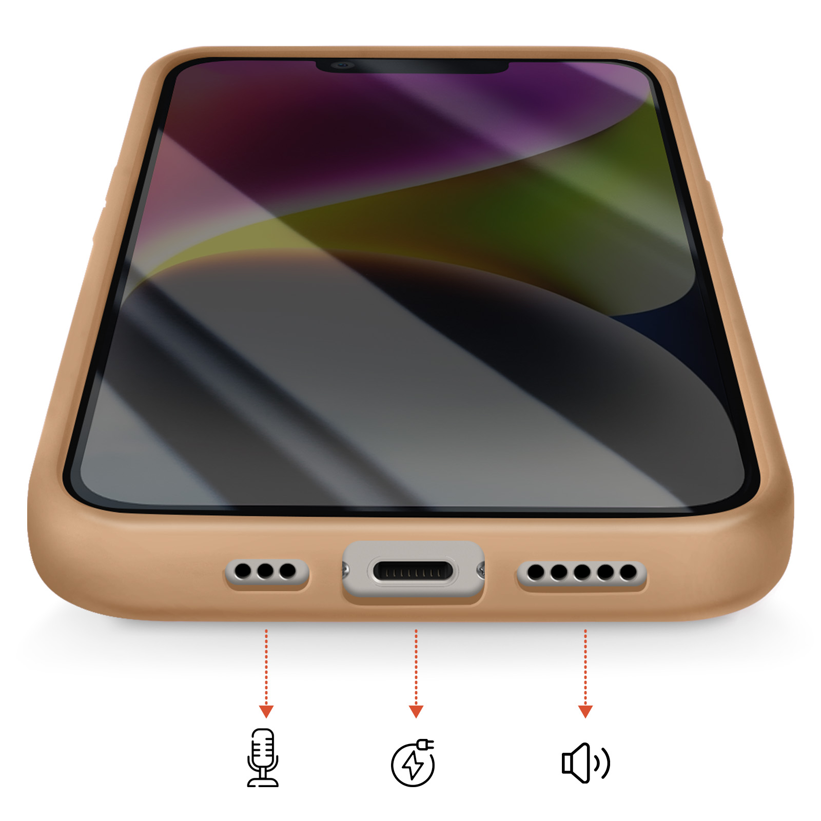 Een bruin telefoonhoesje met pictogrammen voor oplaadpoort, microfoon en luidspreker.