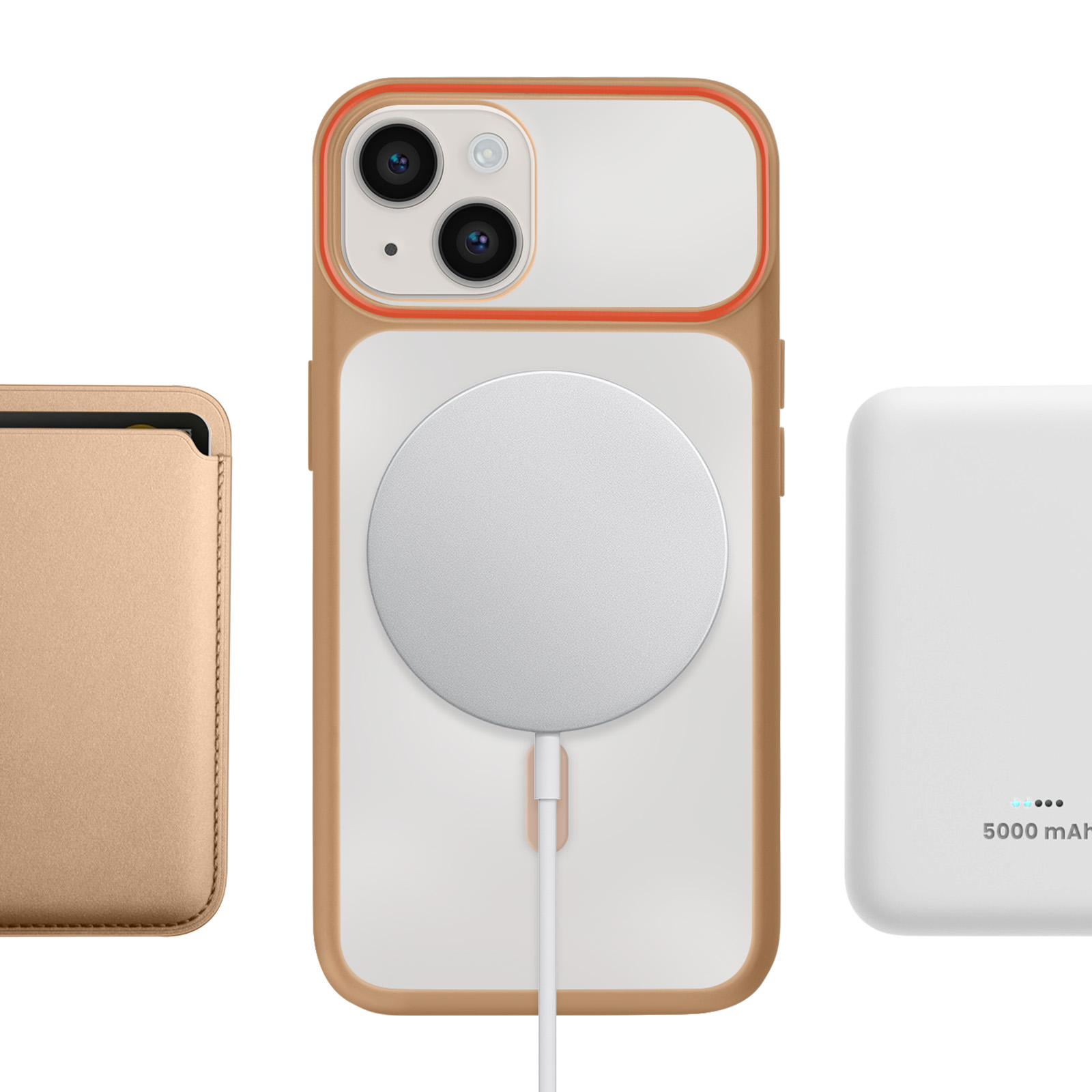 Gouden telefoonhoes met MagSafe-oplader en witte powerbank.