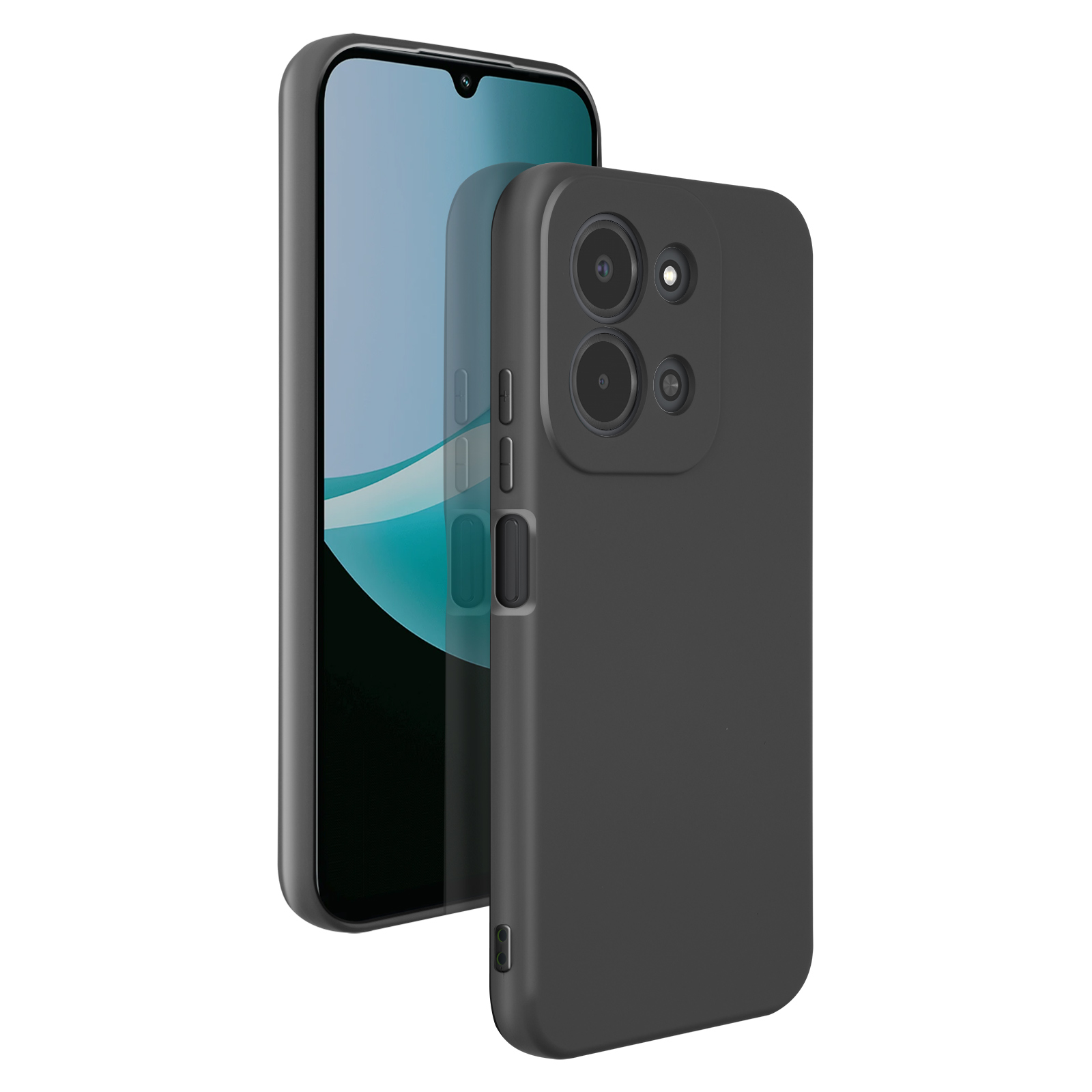 Een zwarte smartphone met een zwarte hoes die de achterkant bedekt.