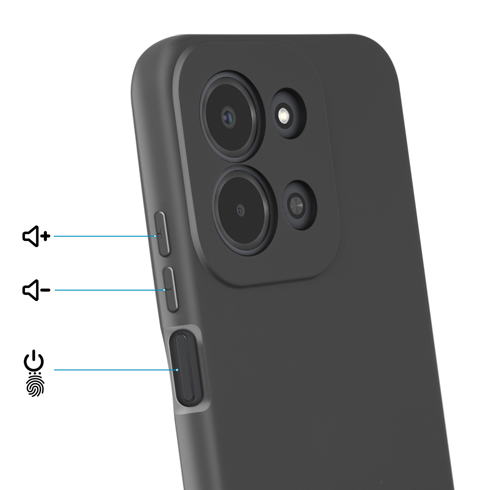 Achterkant van een zwarte telefoon met cameralenzen, volume- en aan/uitknoppen.
