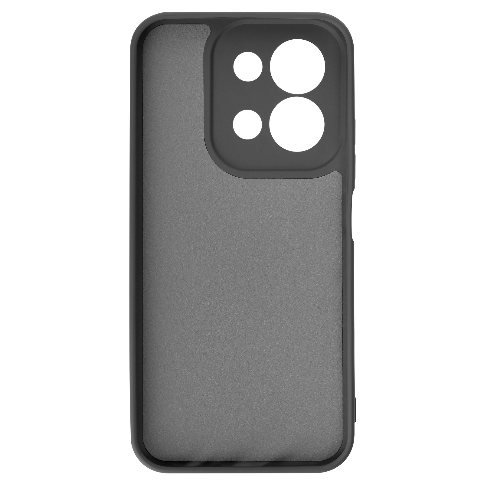 Grijze telefoonhoes met uitsparing voor vier camera's aan de achterkant.