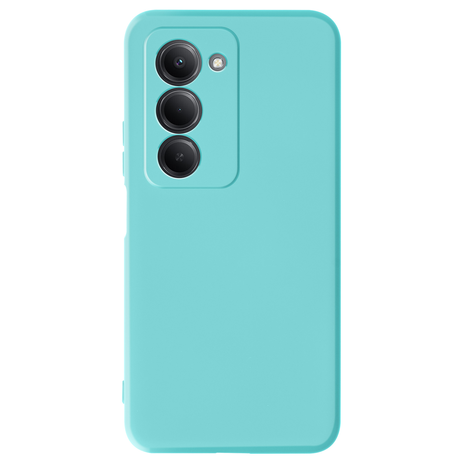 Een turquoise telefoonhoes met drie cameralenzen en een flitser.
