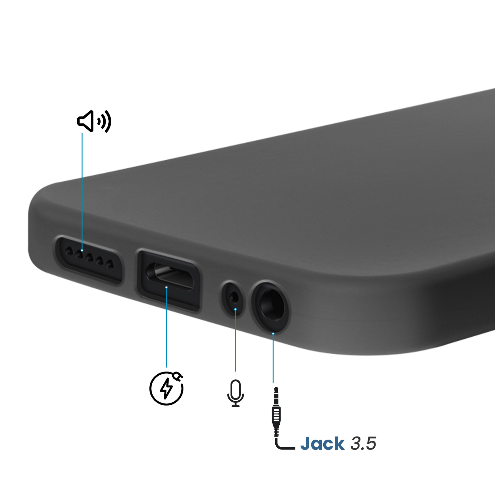 Close-up van een grijze telefoonhoes met poorten, luidspreker, opladen en microfoon iconen.