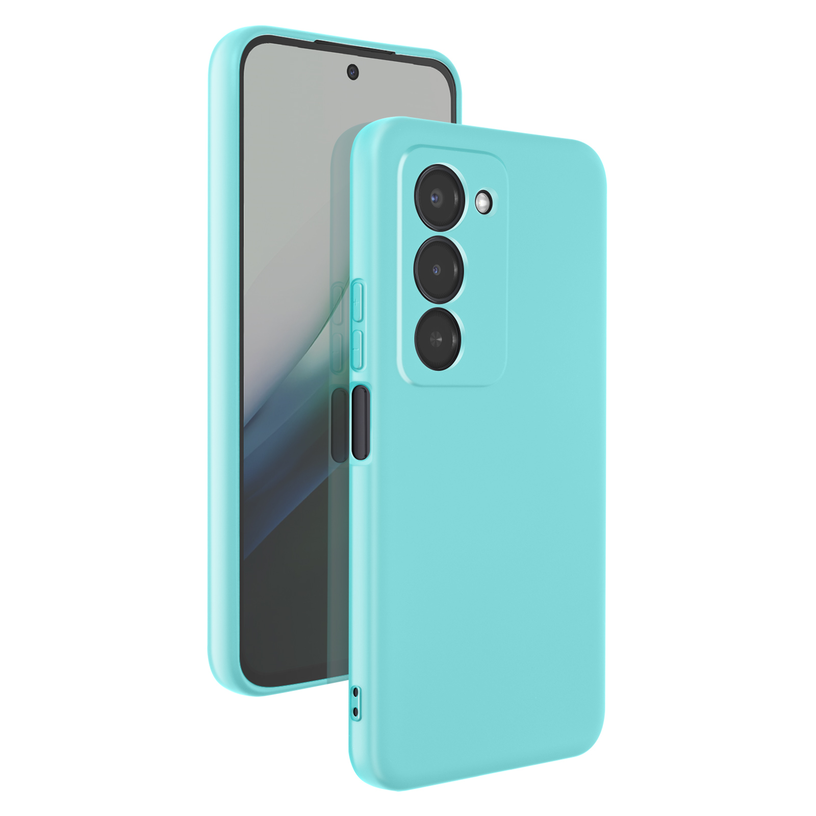 Een turquoise telefoonhoes met drie cameralenzen.
