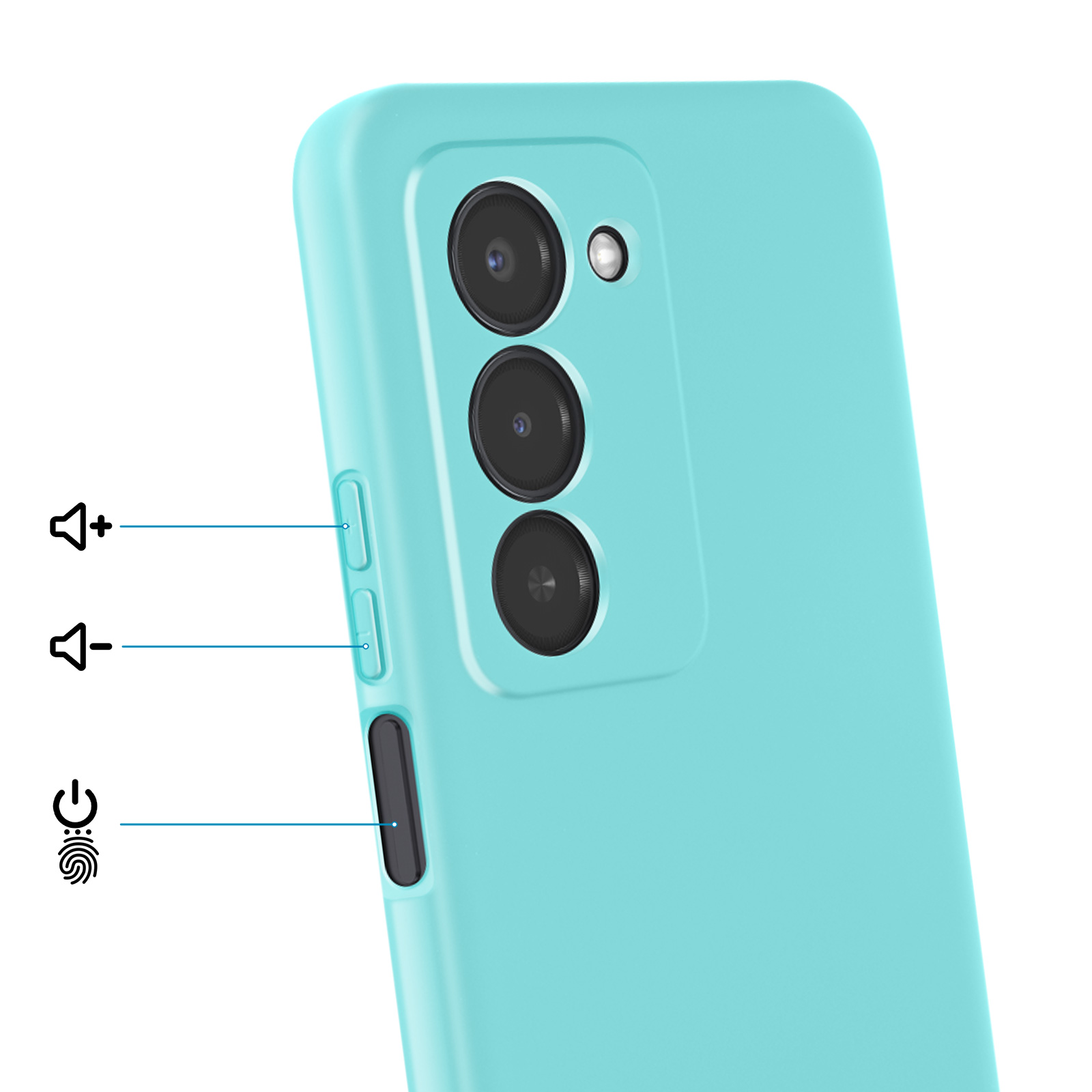 Turquoise telefoonhoesje met drie camera's en volumeknoppen.