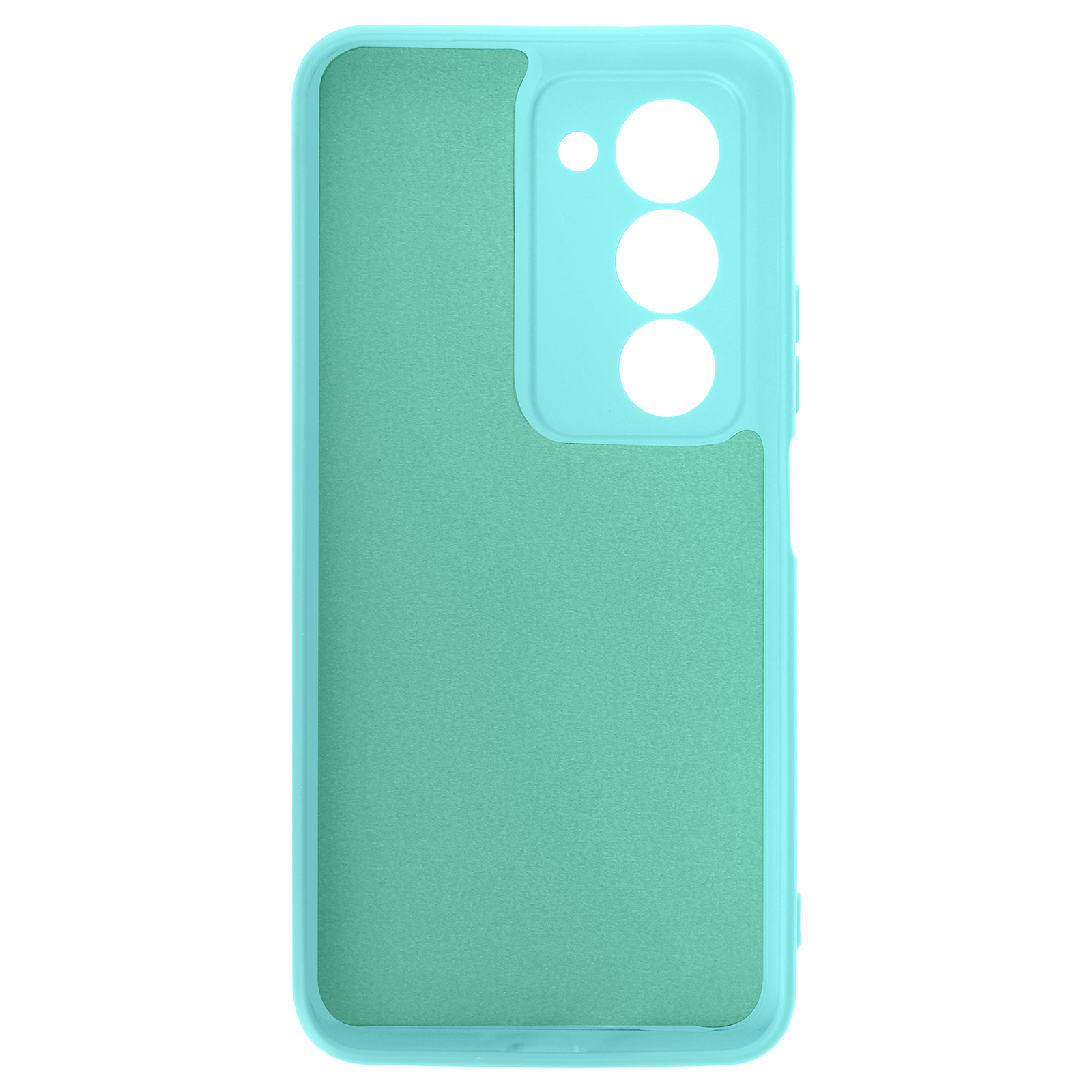 Een mintgroene en turquoise smartphonehoes op een witte achtergrond. De hoes heeft uitsparingen voor camera's en knoppen.