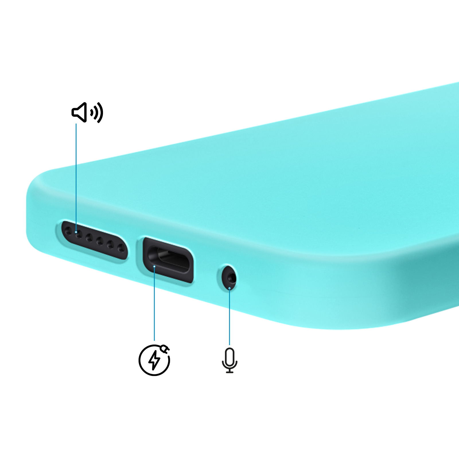 Turquoise telefoonhoes met gaten voor luidspreker, opladen en microfoon.
