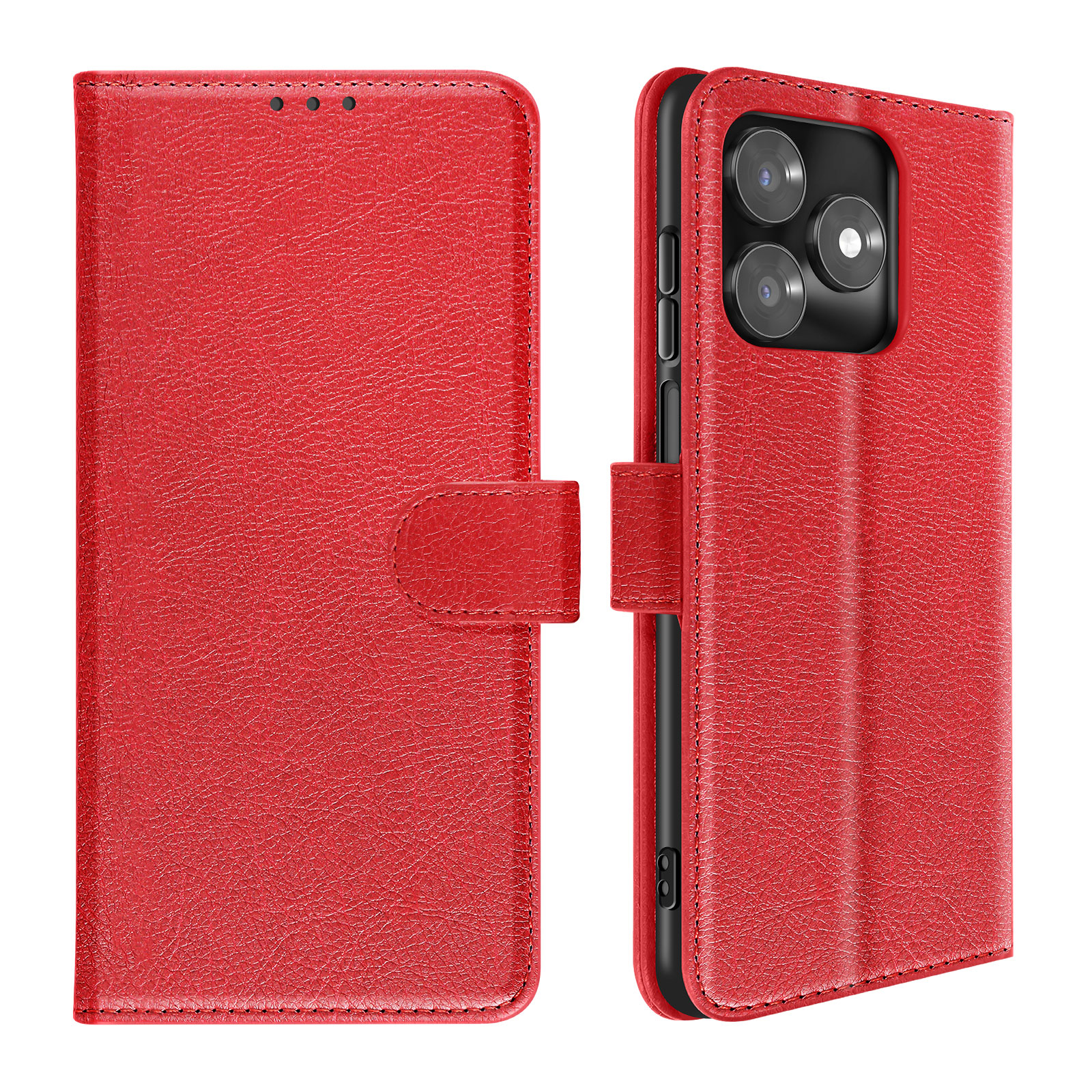 Rotes Leder-Flip-Case mit Kamerablende und Magnetverschluss.