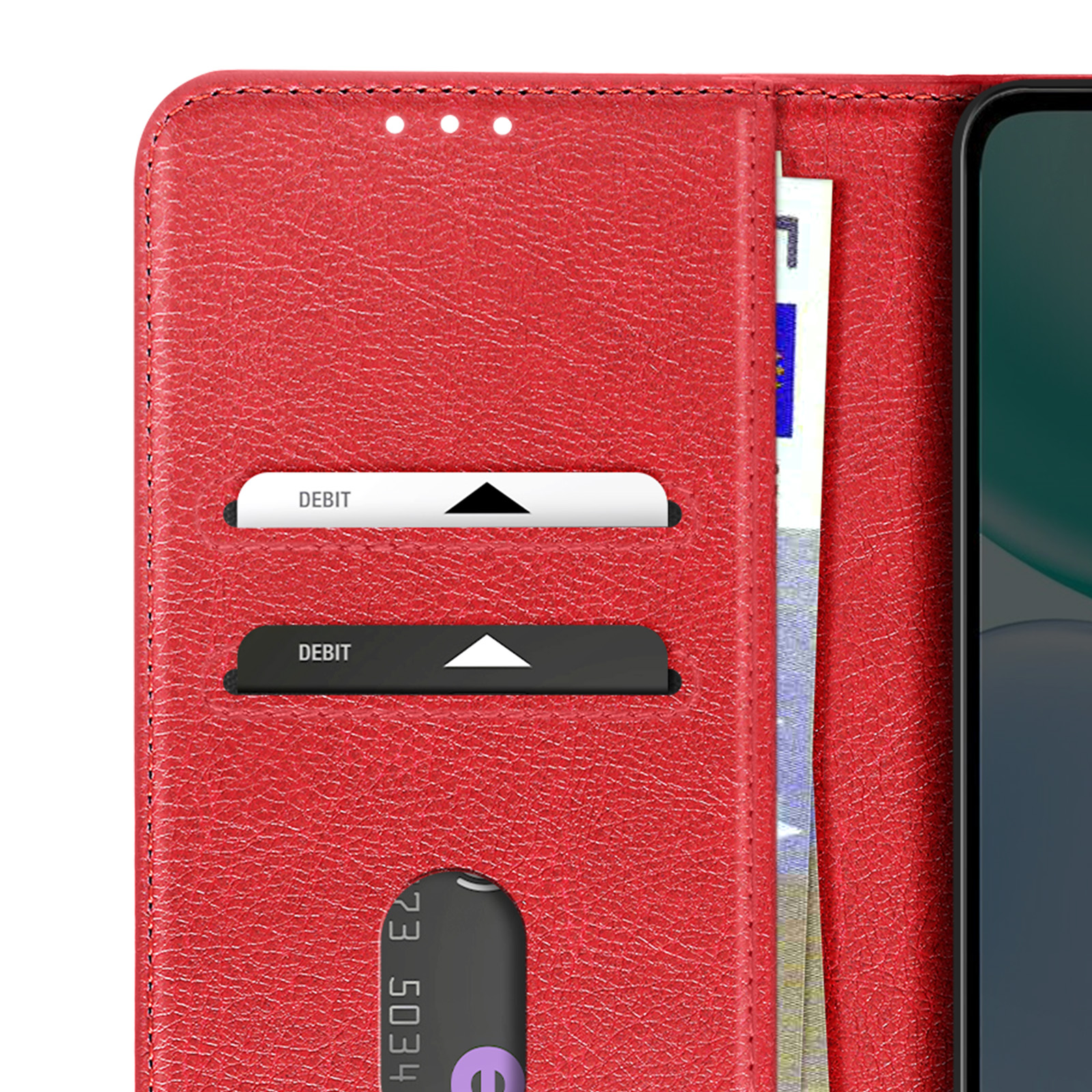 Rote Brieftasche mit Kartenfächern und Bargeld.