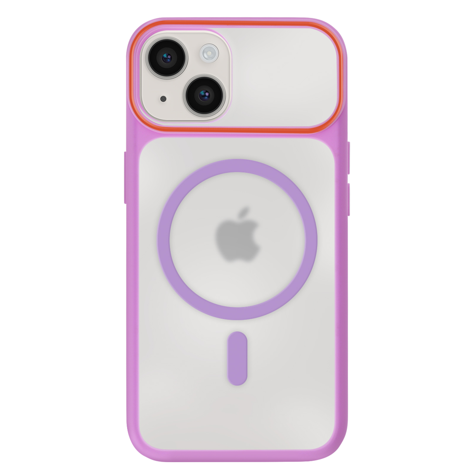 Une coque de téléphone transparente avec bordure violette, caméra et logo Apple.