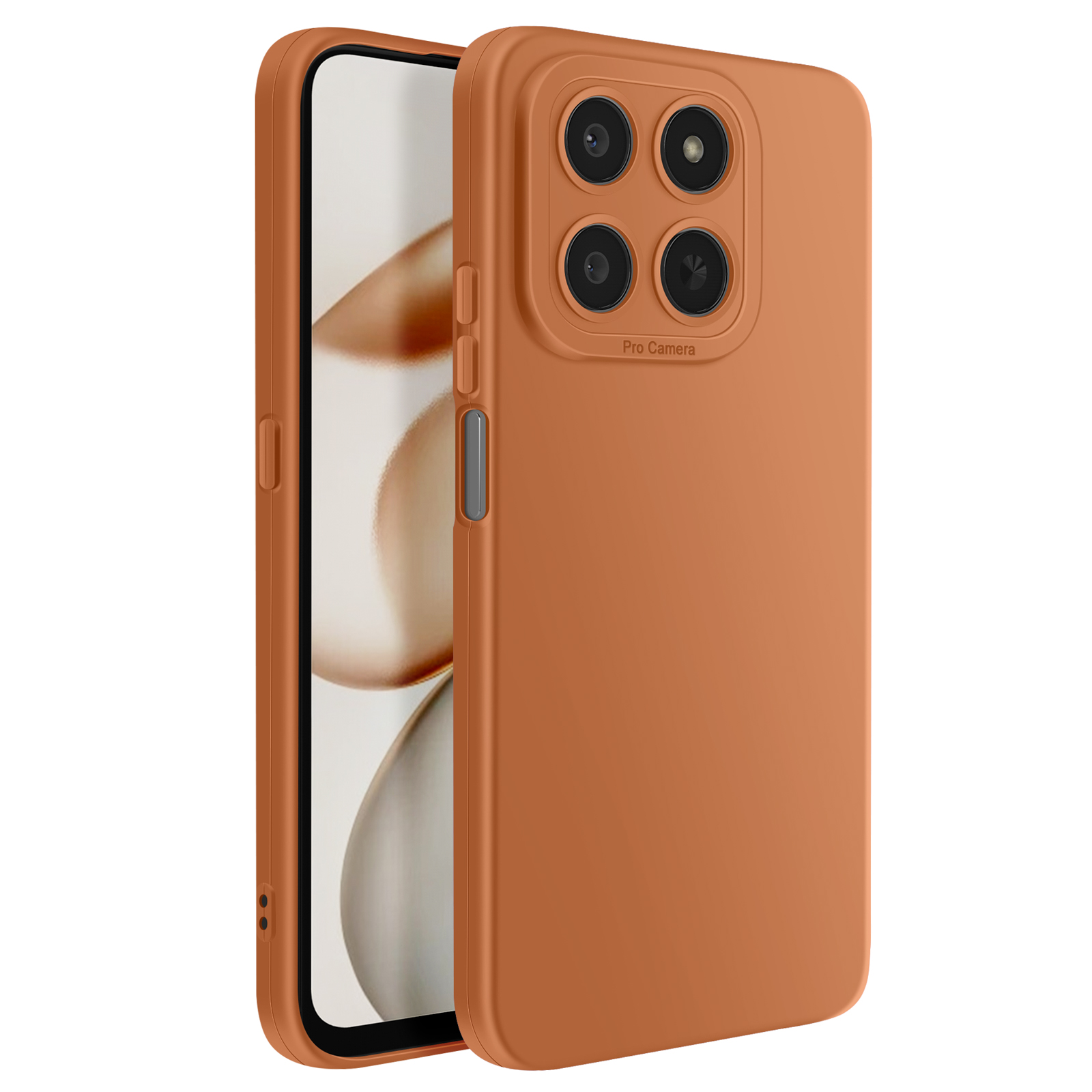 Oranje telefoonhoes met vier camera's en "Pro Camera" tekst.