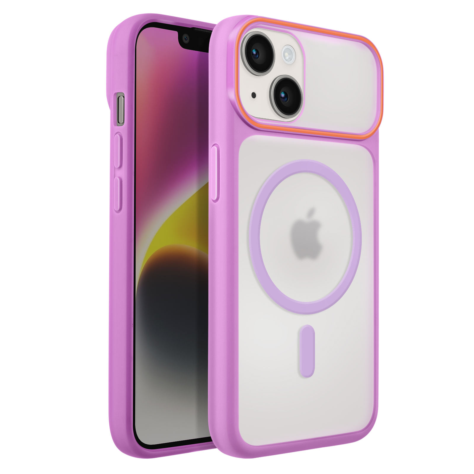 Une coque violette pour iPhone avec anneau MagSafe et dos transparent.