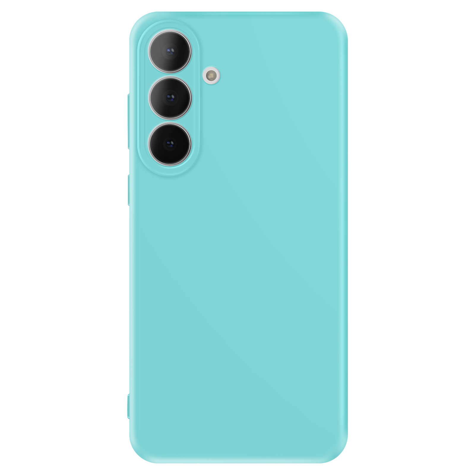 Turquoise telefoonhoes met drie cameralenzen en flitser.