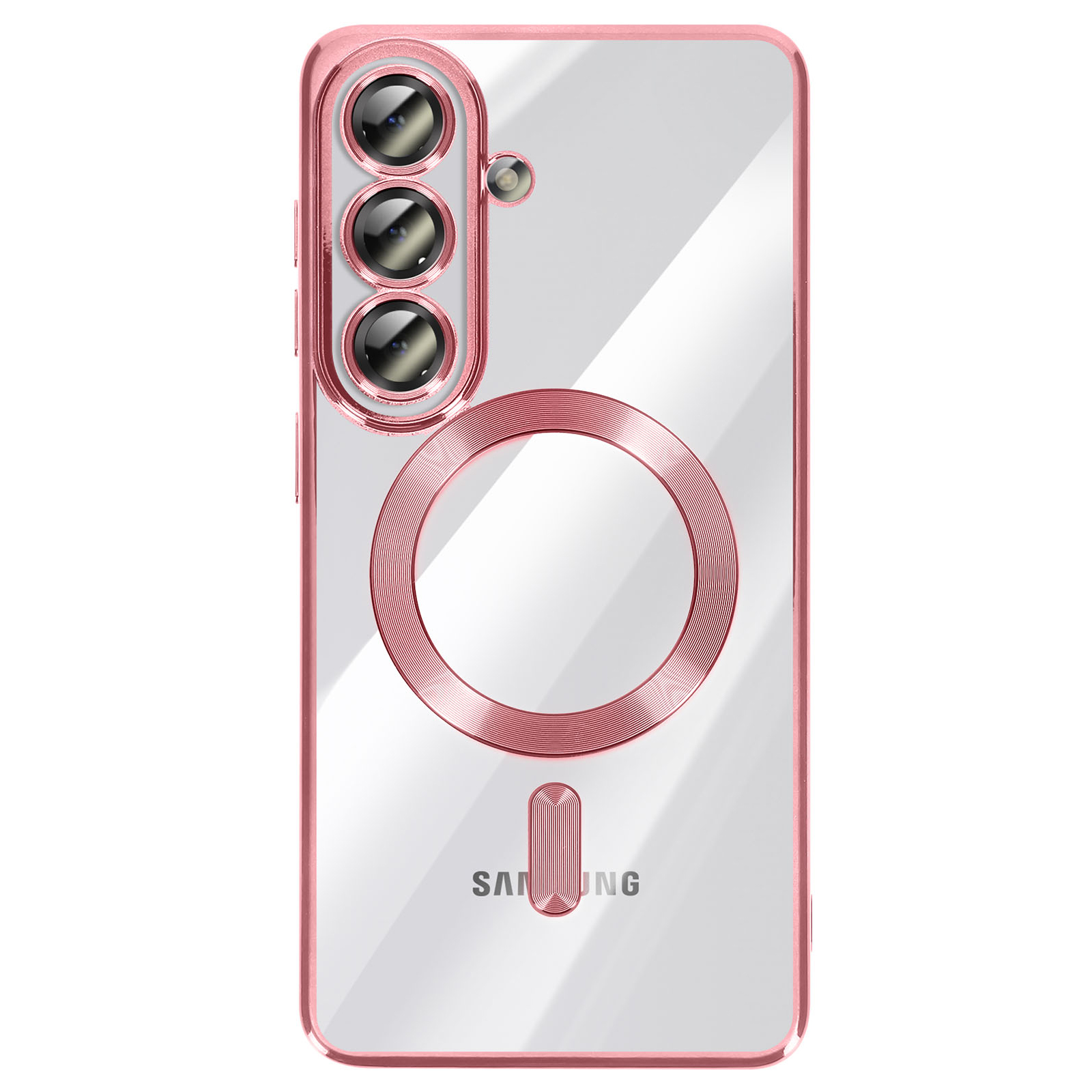 Doorzichtige telefoonhoes met roze rand, drie camera's en oplaadcirkel.