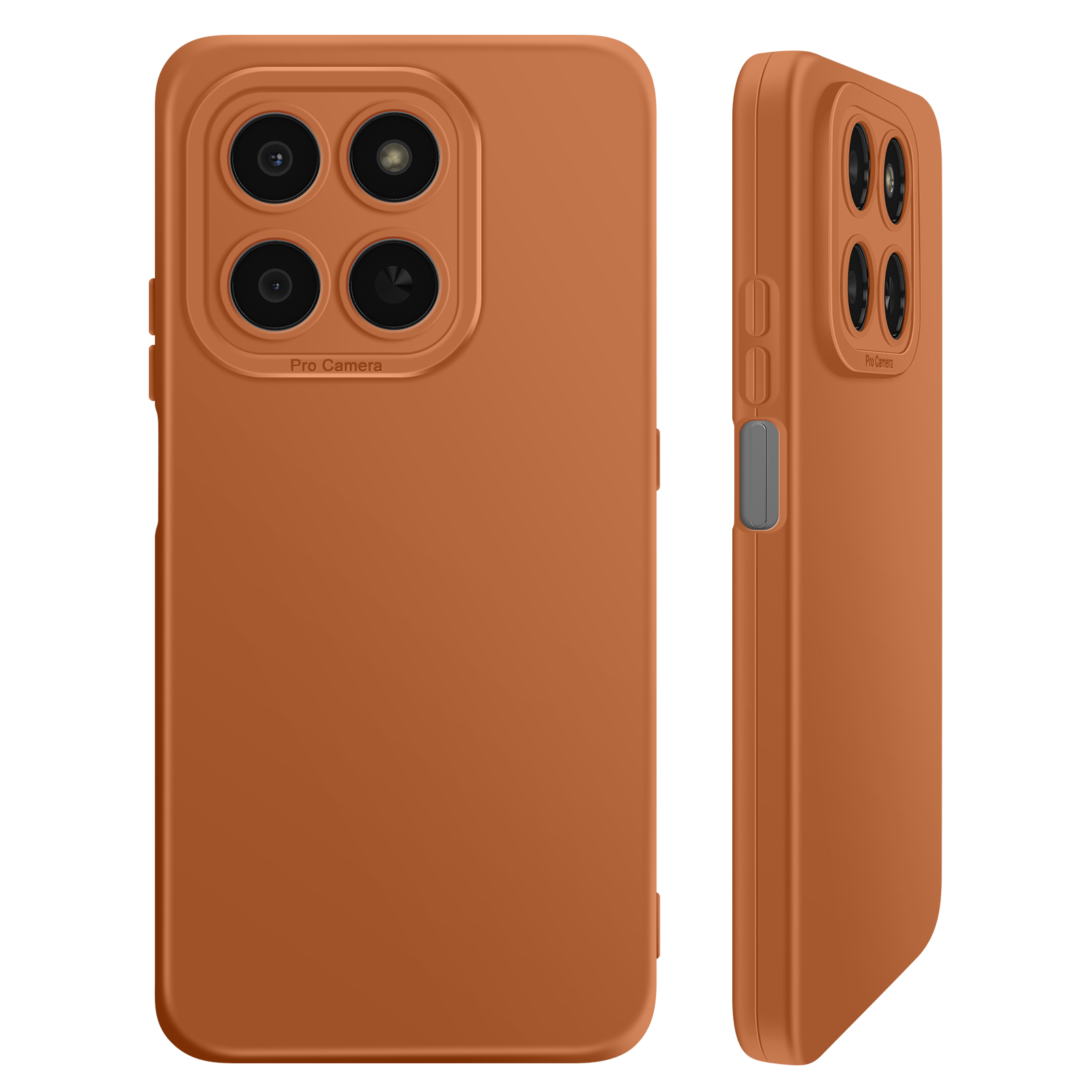 Oranje telefoonhoesje met vier camera's en "Pro Camera"-tekst.