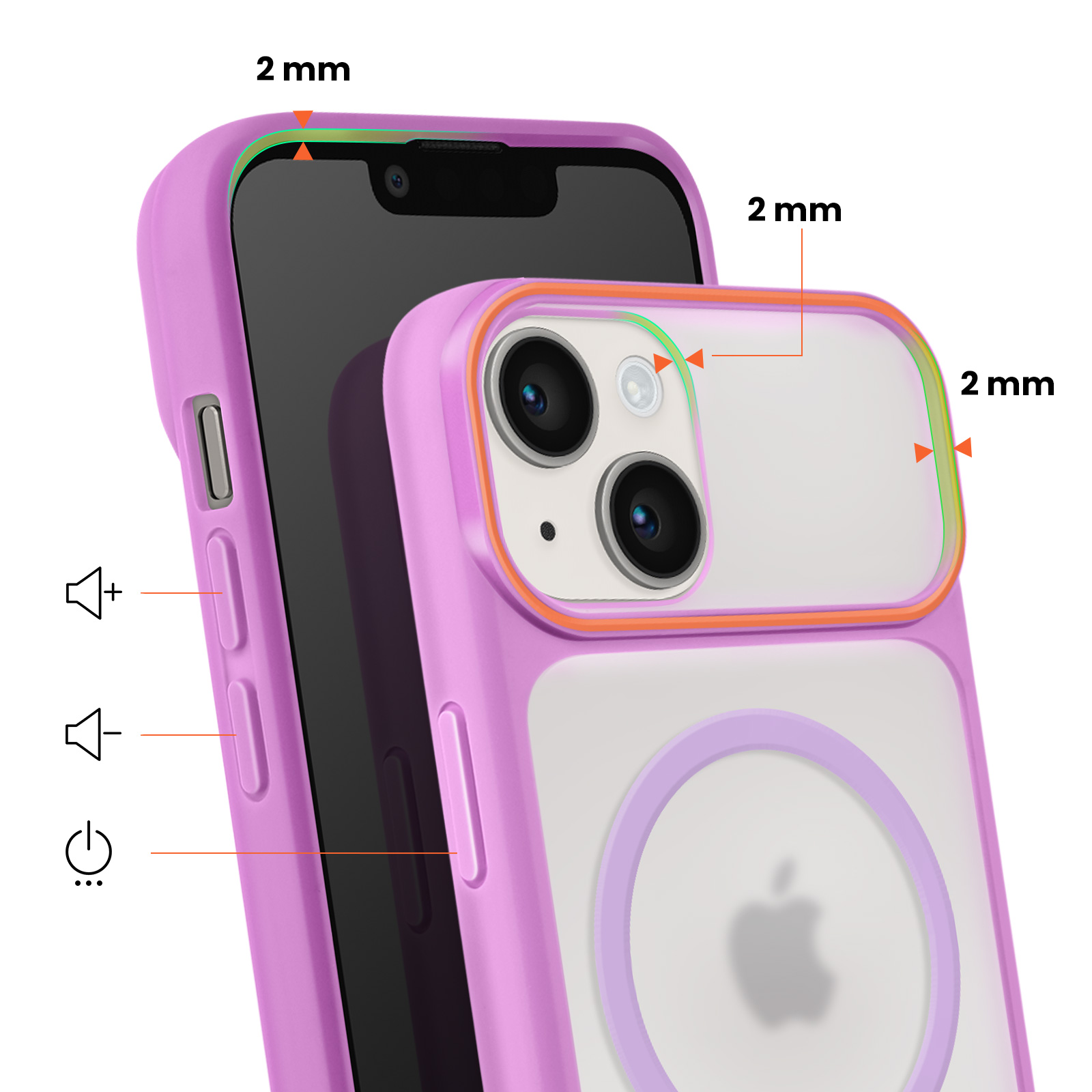 Coque violette avec bords surélevés de 2mm, appareil photo, boutons volume et icône d'alimentation.