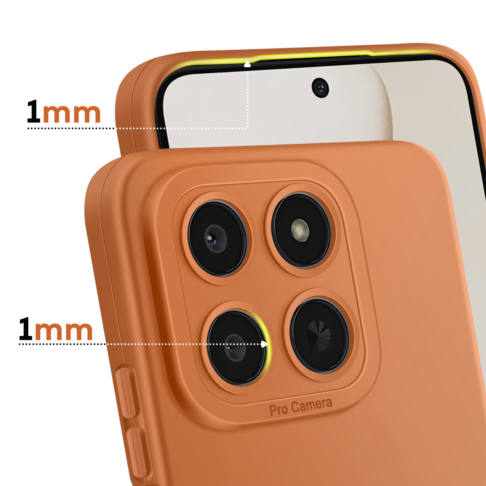 Oranje hoesje met vier cameralenzen en "Pro Camera" tekst.