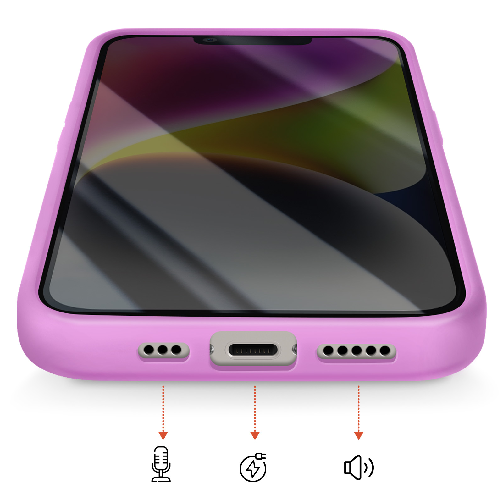 Une coque de téléphone lilas montrant un port de chargement, un microphone et des ouvertures de haut-parleur.