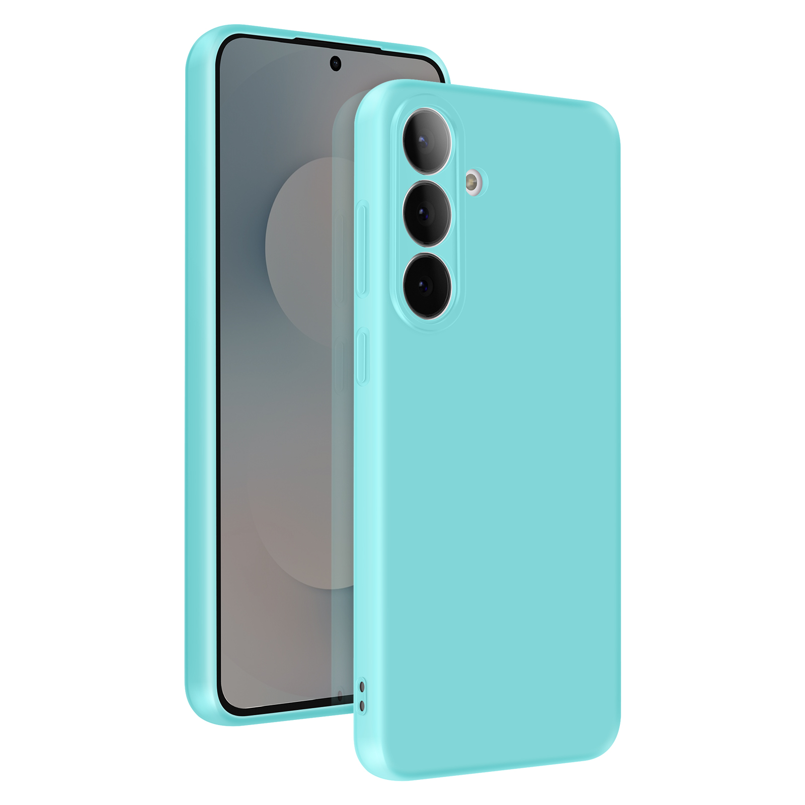 Een turquoise telefoon met hoesje en camera.
