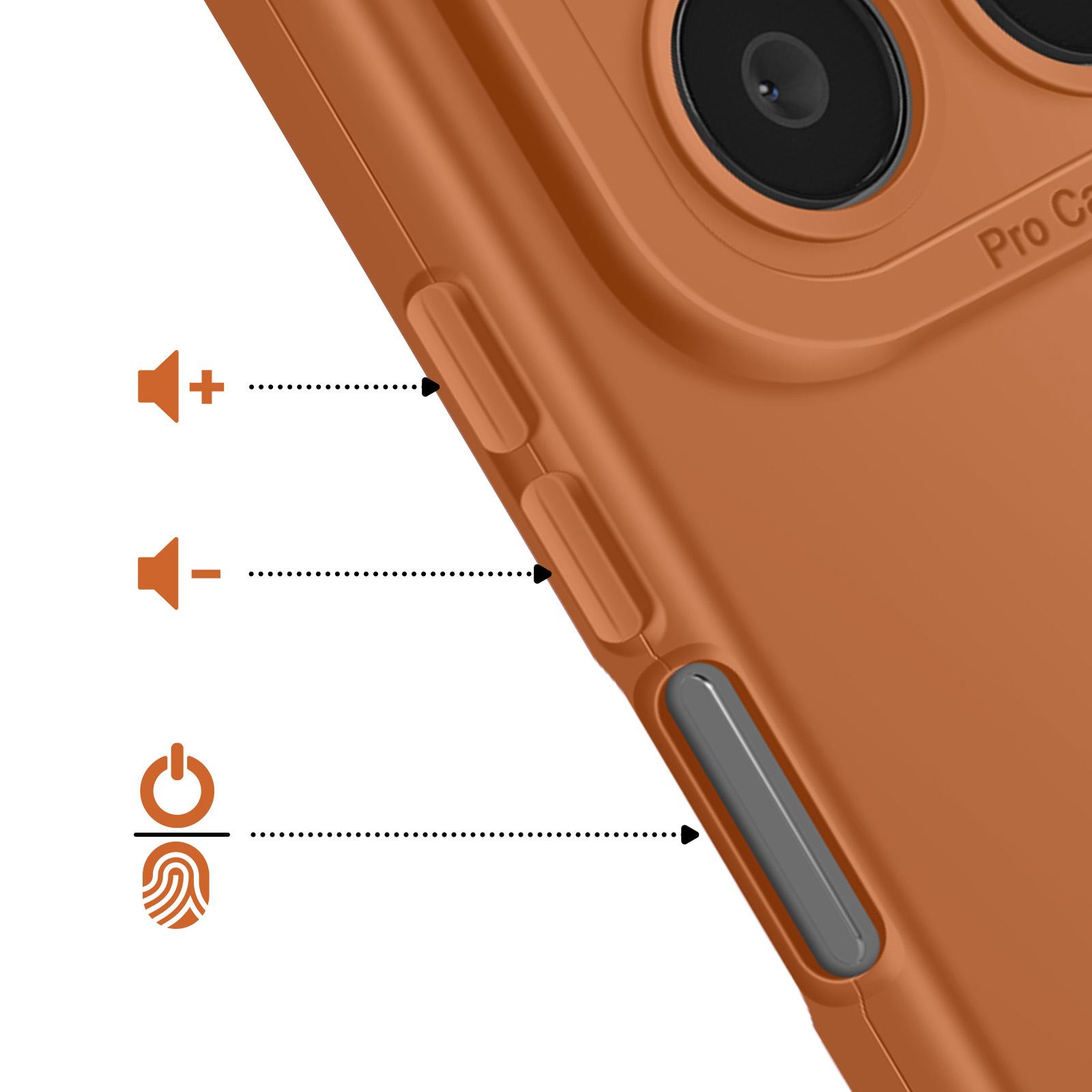 Oranje telefoonhoesje met volume-, aan/uit- en vingerafdrukknoppen.