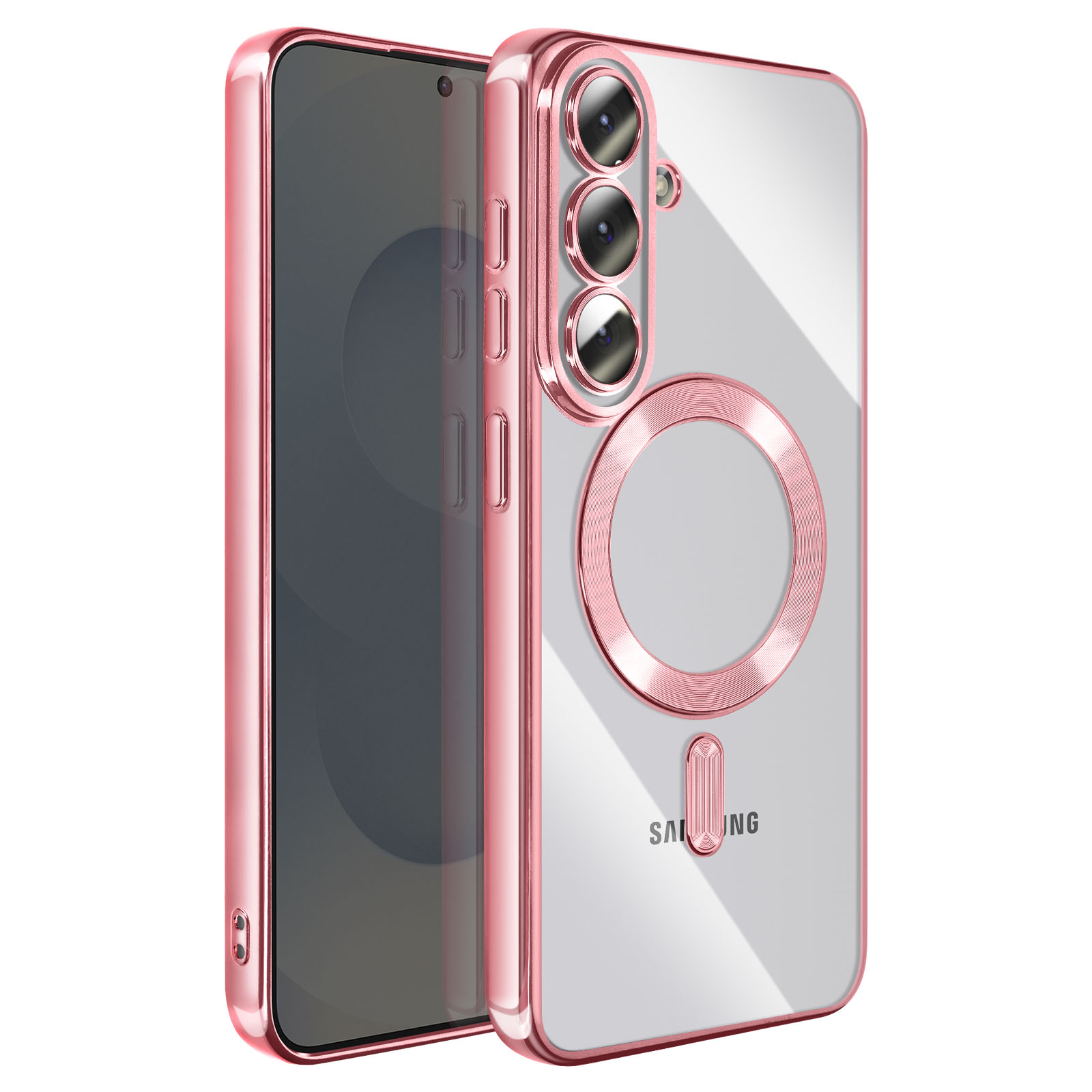 Un téléphone or rose avec coque transparente et trois caméras.