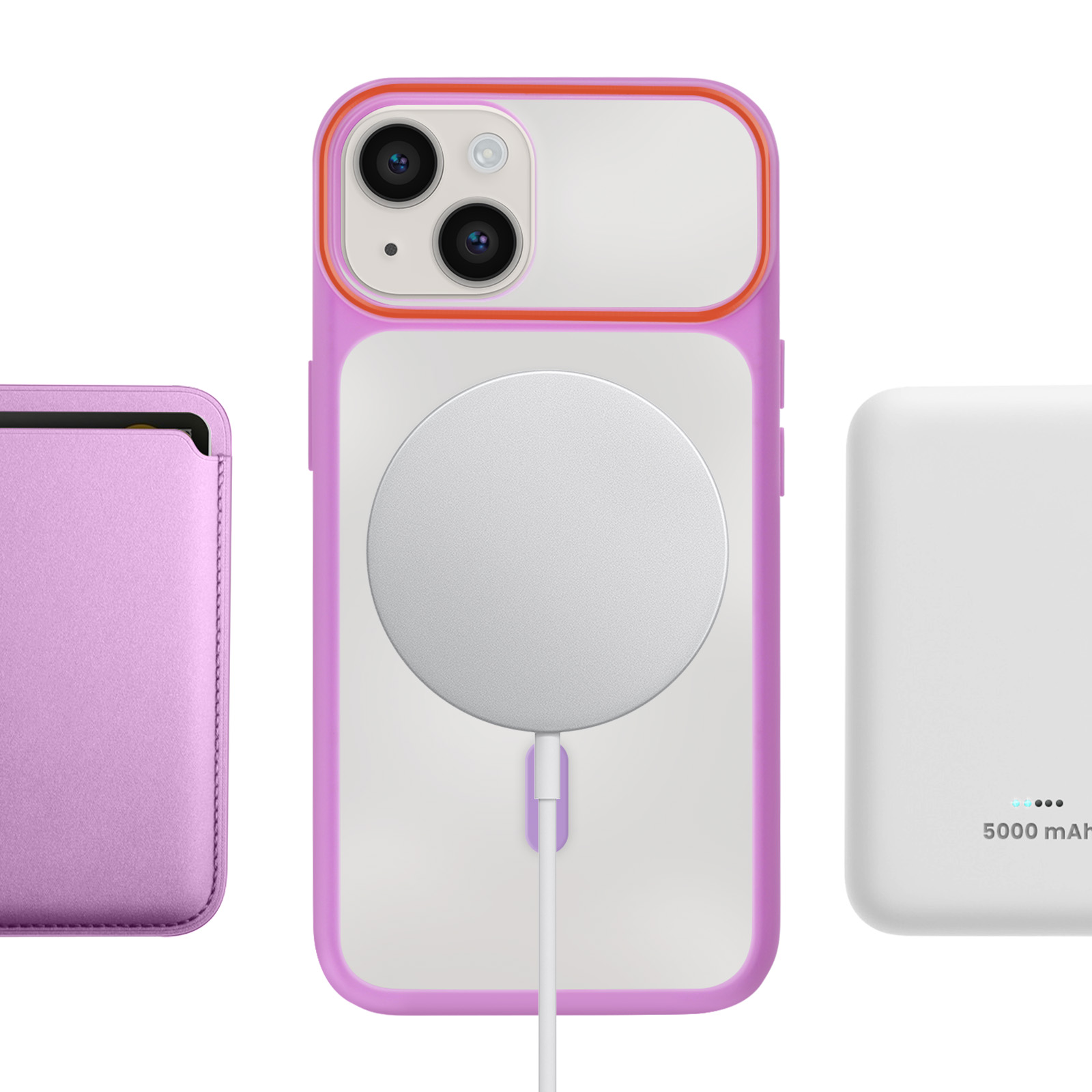 Coque de téléphone violette avec chargeur MagSafe, porte-cartes et batterie.